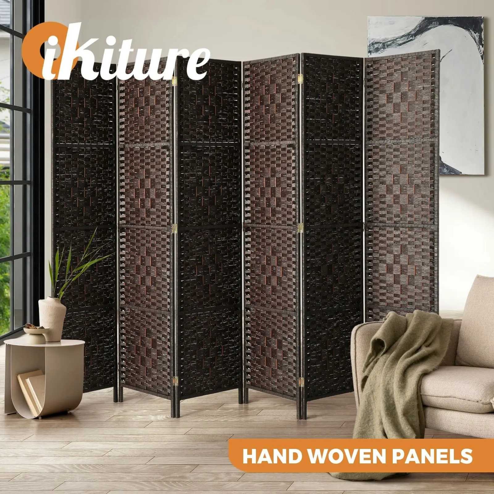 Oikiture 6 Panel Room Divider Screen Privacy Dividers Woven Wood Folding Brown