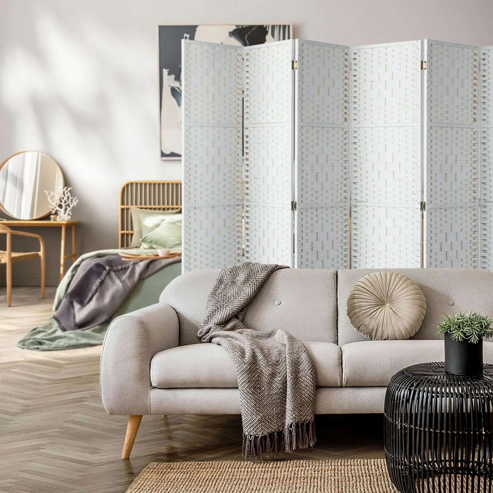 Oikiture 6 Panel Room Divider Screen Privacy Dividers Woven Wood Folding White