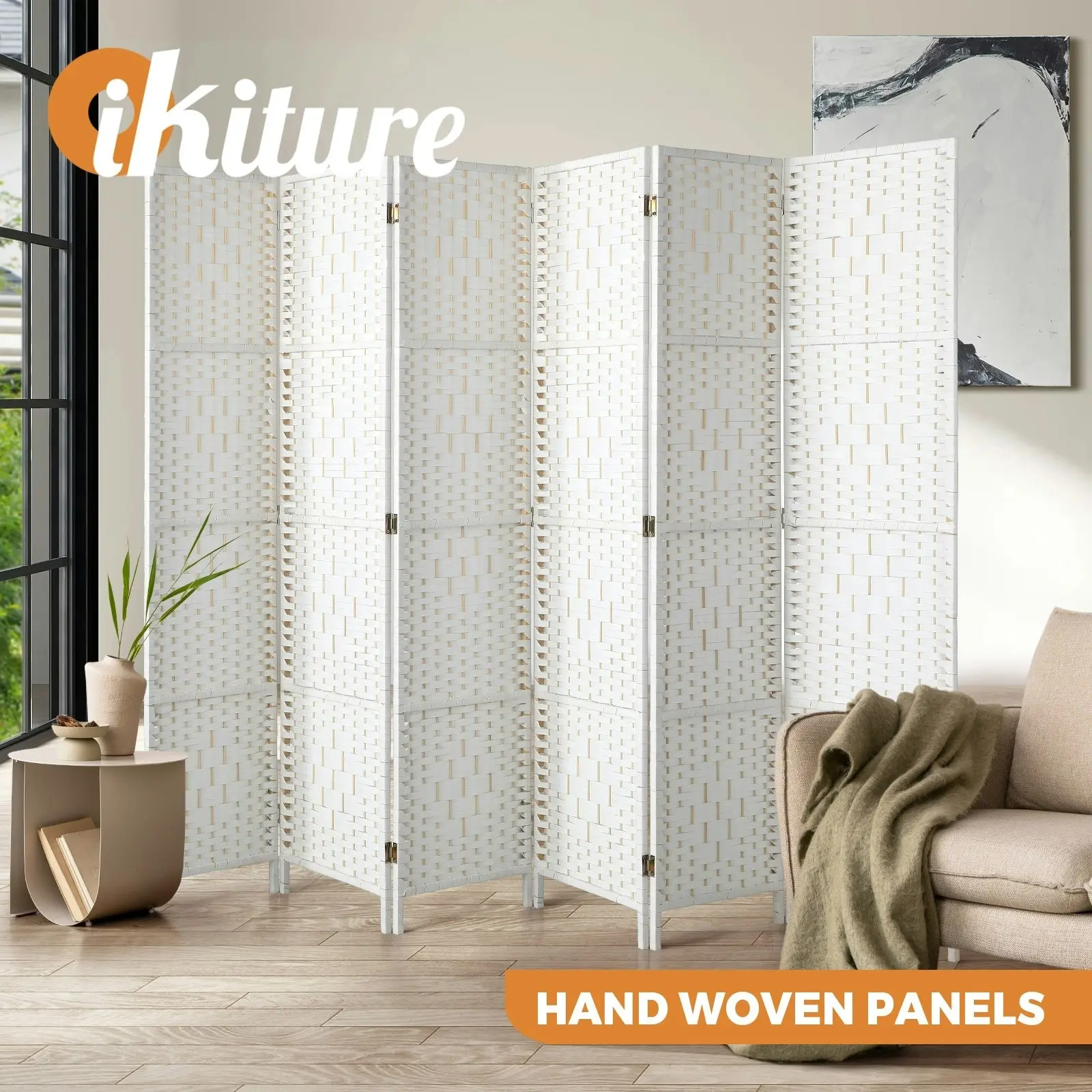 Oikiture 6 Panel Room Divider Screen Privacy Dividers Woven Wood Folding White