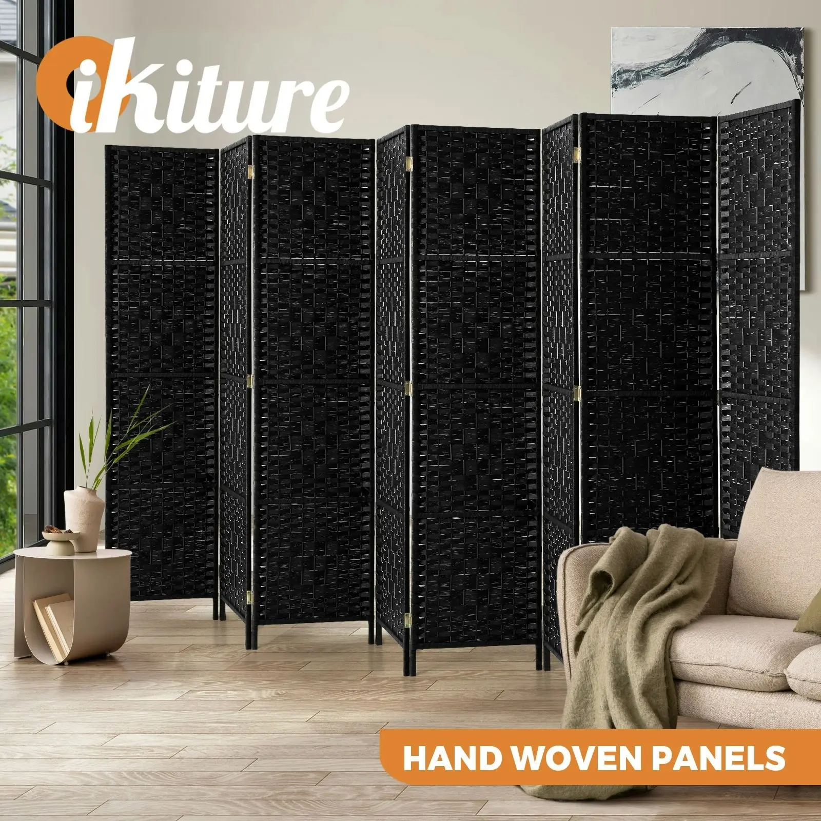 Oikiture 8 Panel Room Divider Screen Privacy Dividers Woven Wood Folding Black