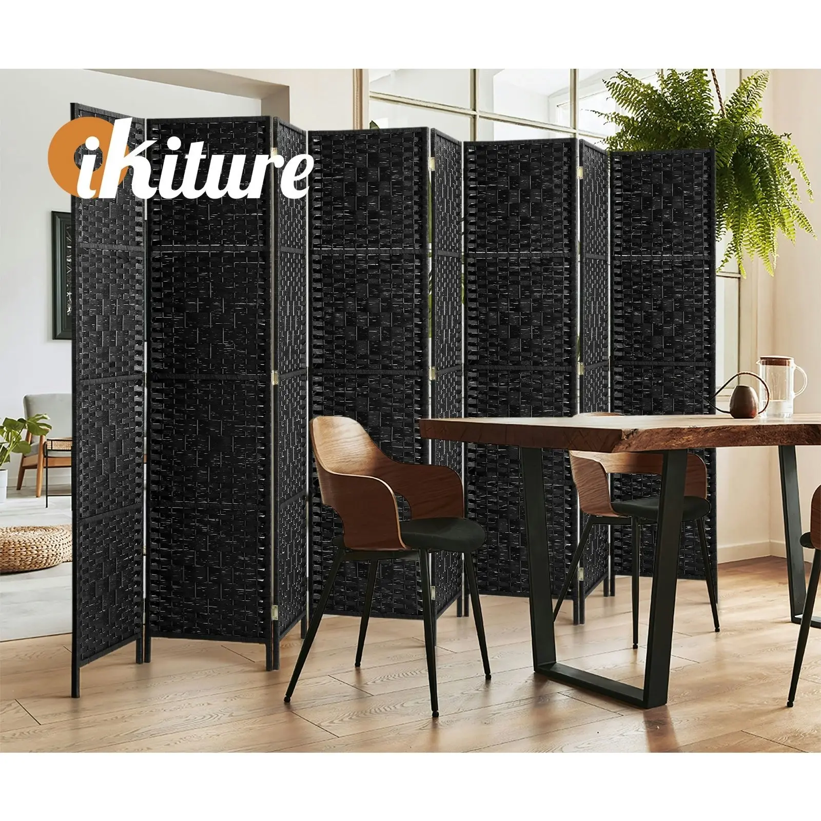 Oikiture 8 Panel Room Divider Screen Privacy Dividers Woven Wood Folding Black