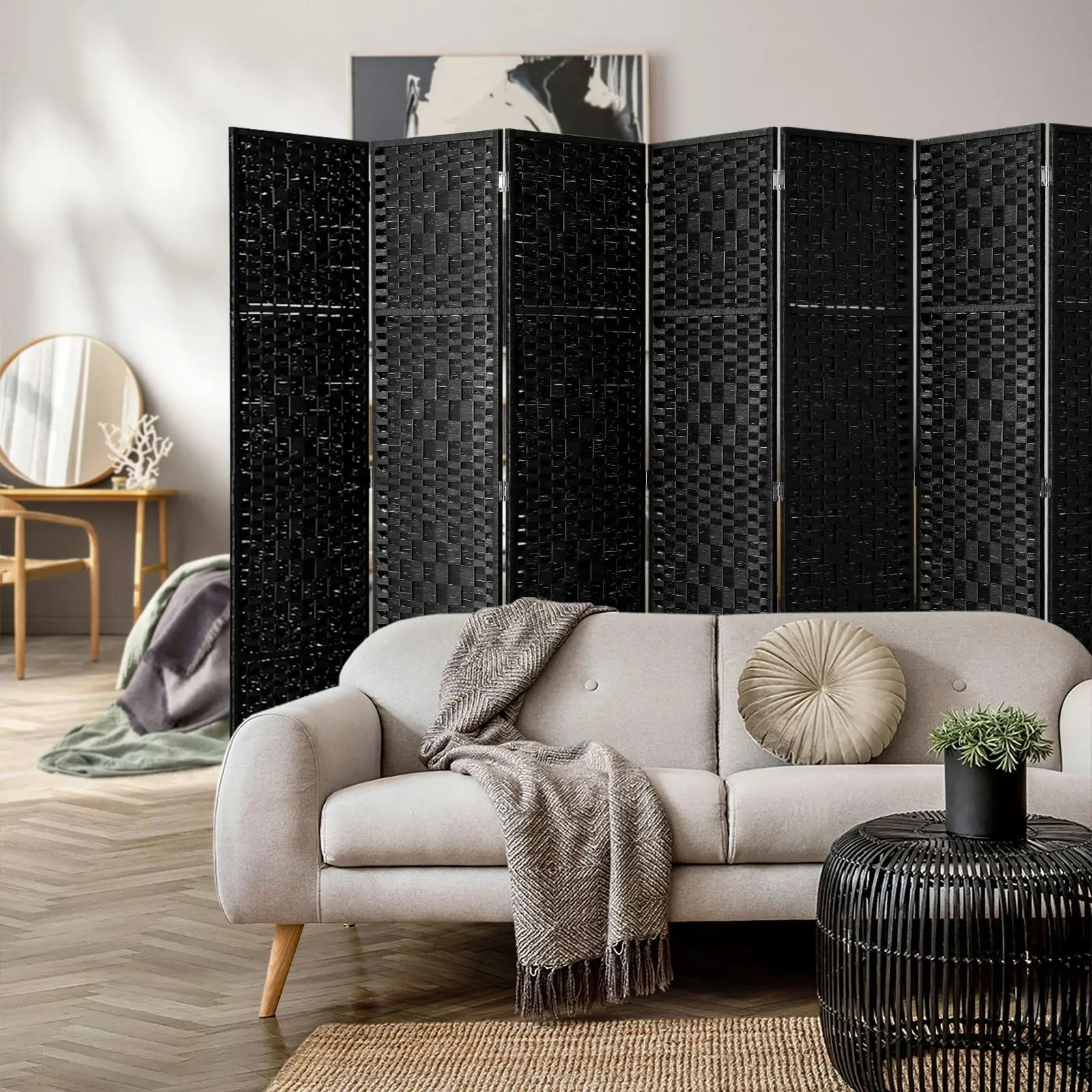 Oikiture 8 Panel Room Divider Screen Privacy Dividers Woven Wood Folding Black