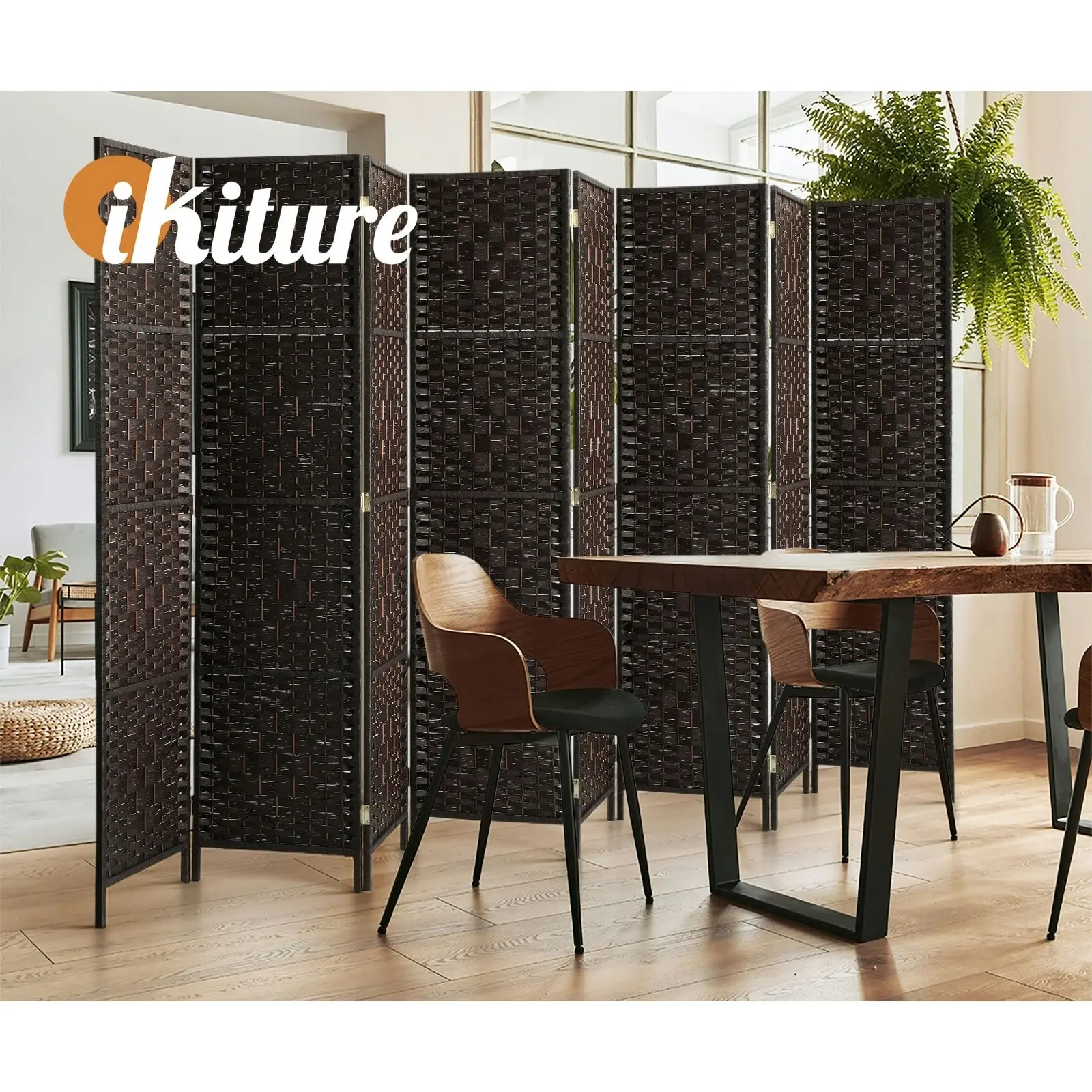 Oikiture 8 Panel Room Divider Screen Privacy Dividers Woven Wood Folding Brown