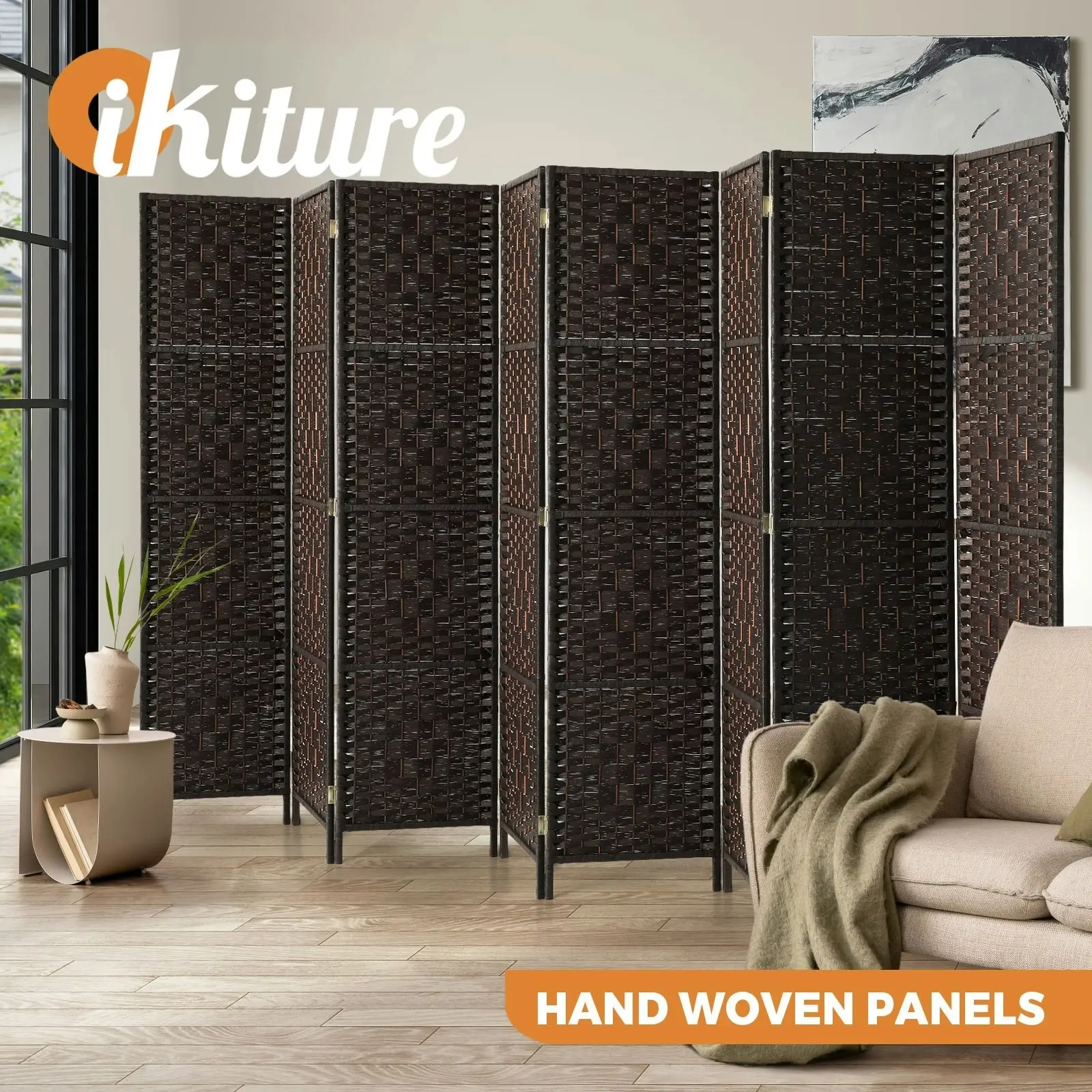 Oikiture 8 Panel Room Divider Screen Privacy Dividers Woven Wood Folding Brown