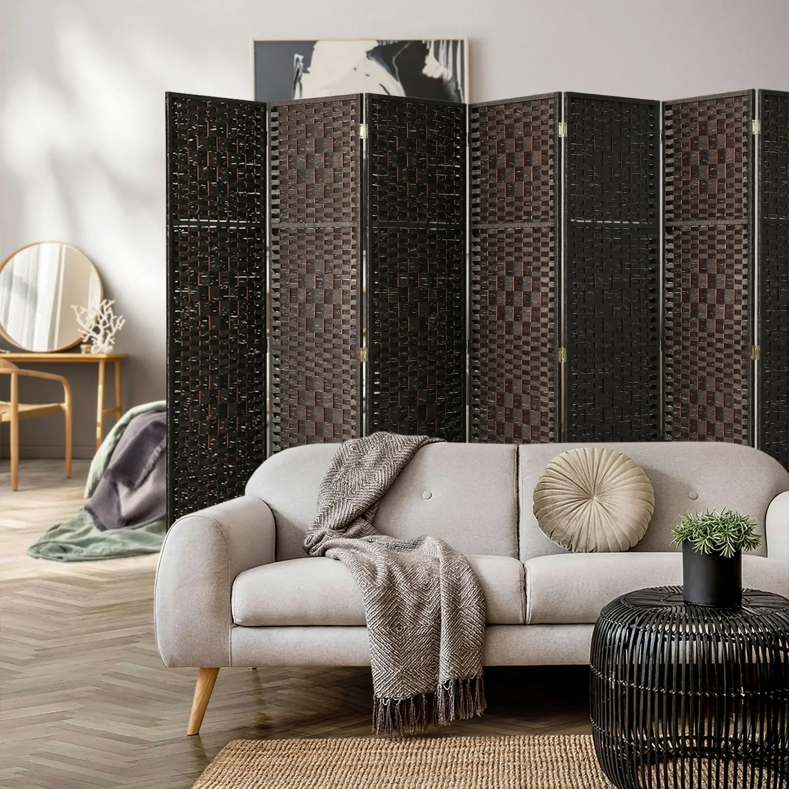 Oikiture 8 Panel Room Divider Screen Privacy Dividers Woven Wood Folding Brown