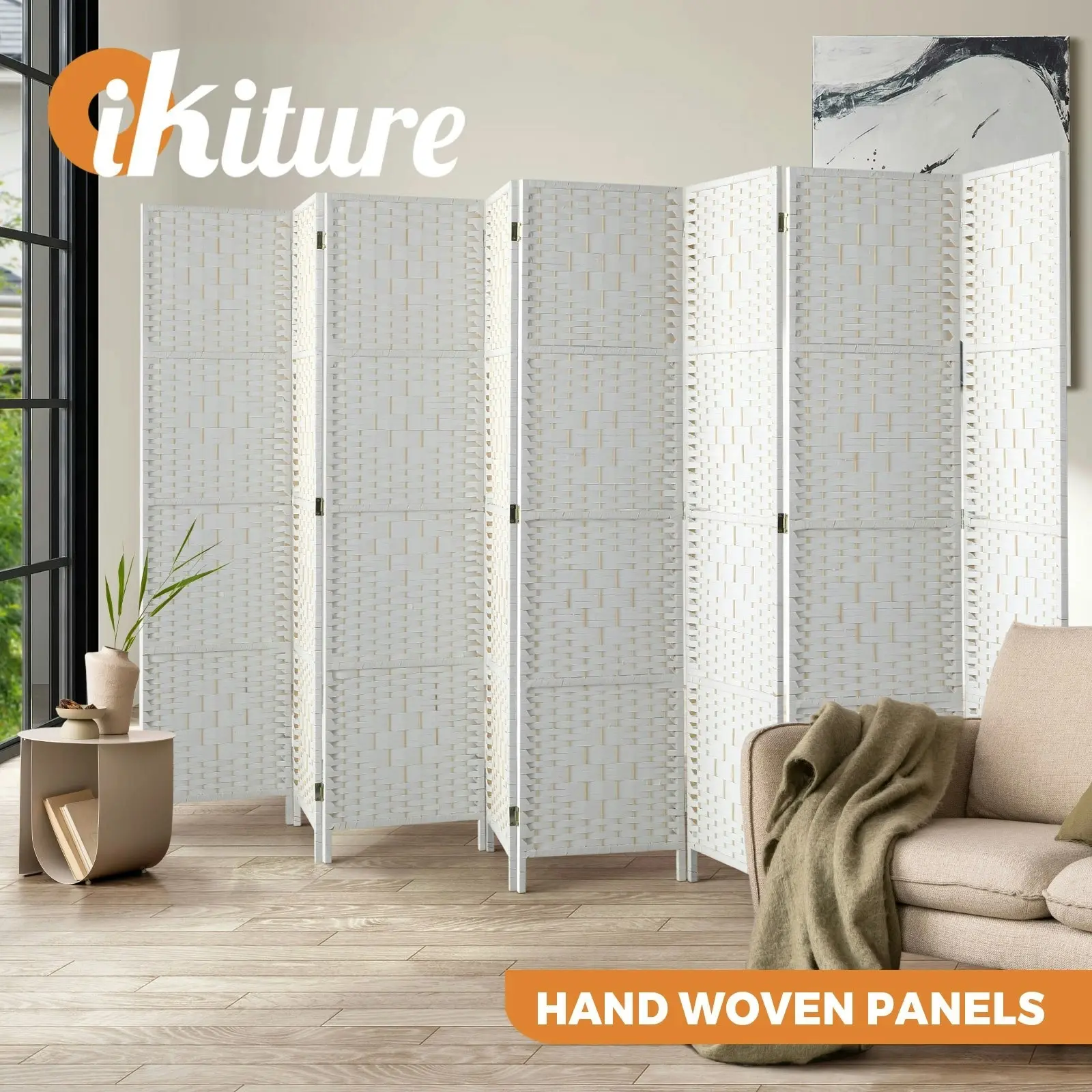 Oikiture 8 Panel Room Divider Screen Privacy Dividers Woven Wood Folding White