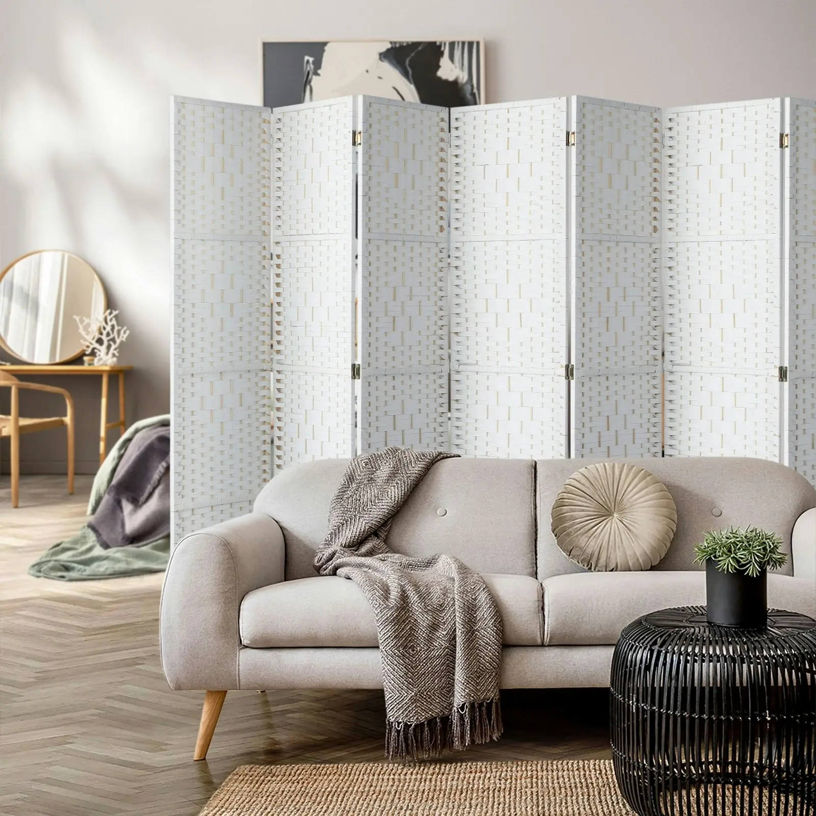 Oikiture 8 Panel Room Divider Screen Privacy Dividers Woven Wood Folding White