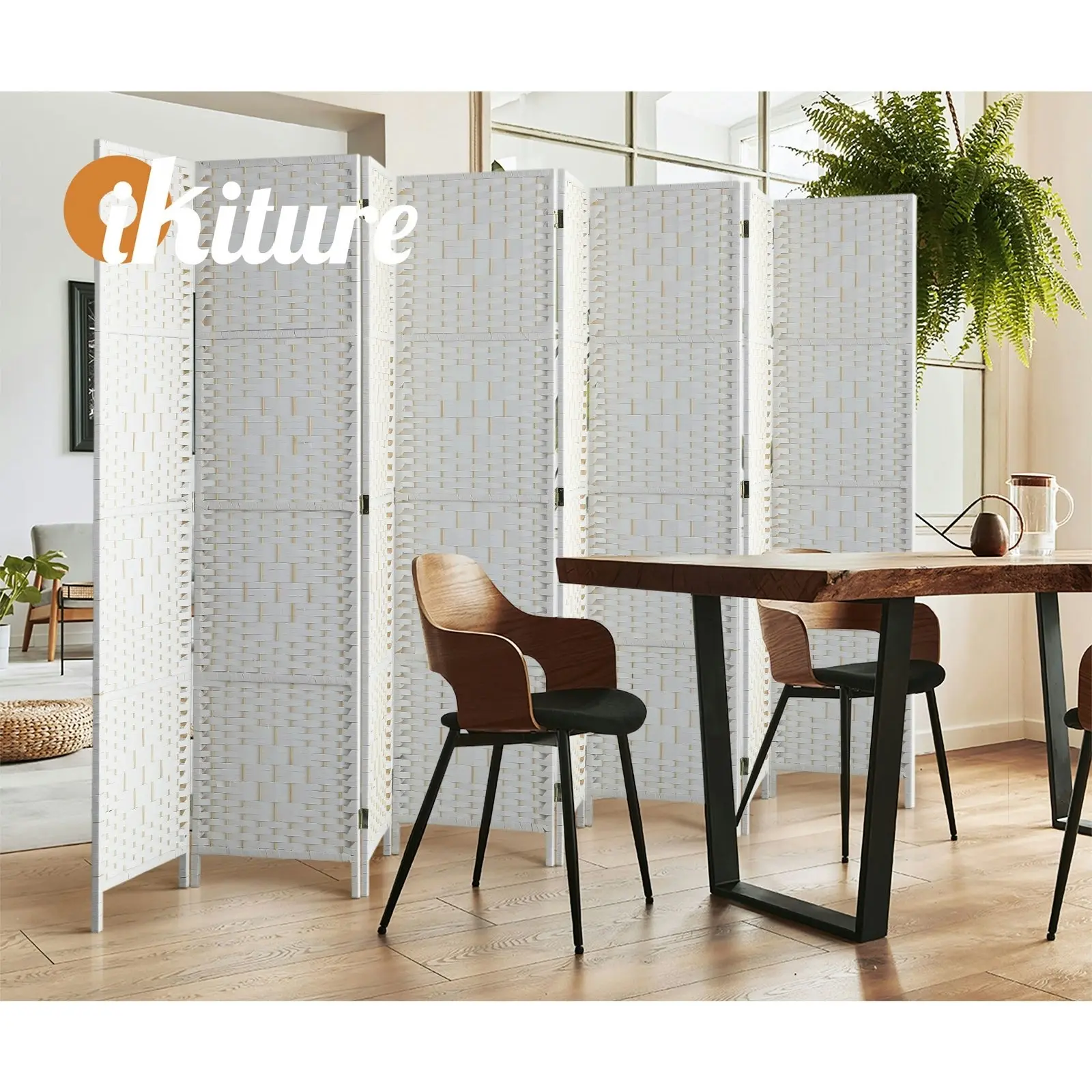 Oikiture 8 Panel Room Divider Screen Privacy Dividers Woven Wood Folding White