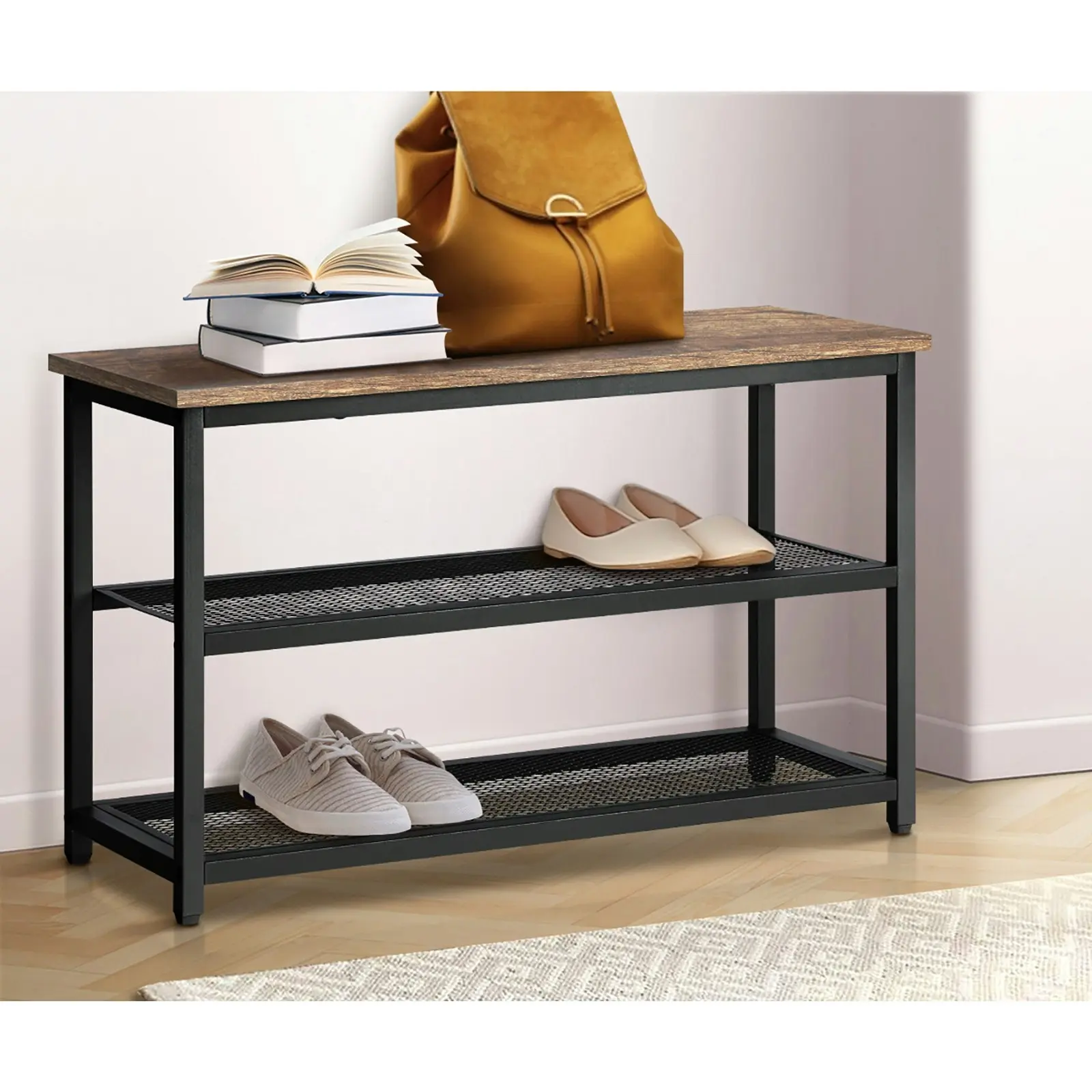 Oikiture Shoe Cabinet Bench Shoes Rack Shelf Storage 3-Tier Industrial Furniture