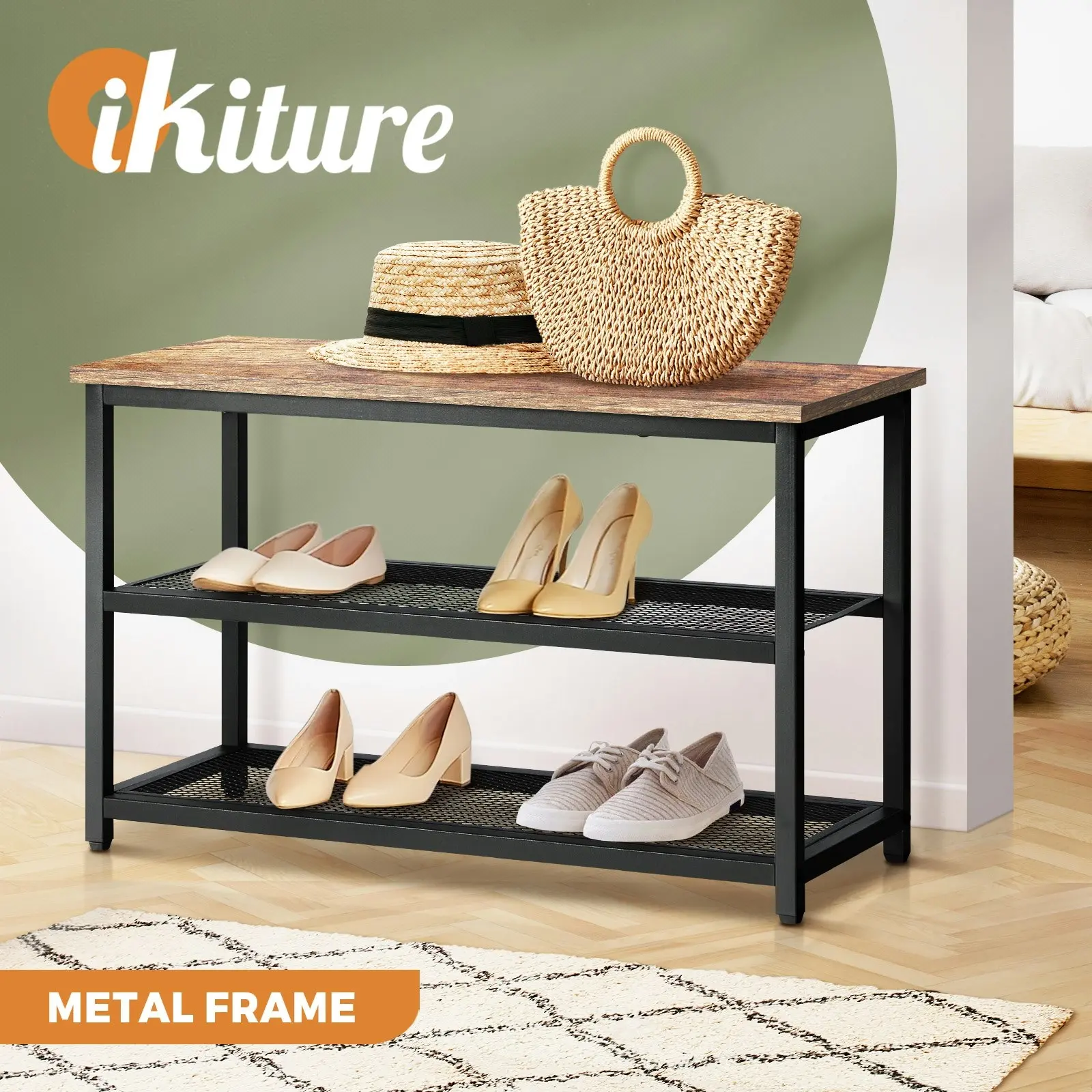 Oikiture Shoe Cabinet Bench Shoes Rack Shelf Storage 3-Tier Industrial Furniture