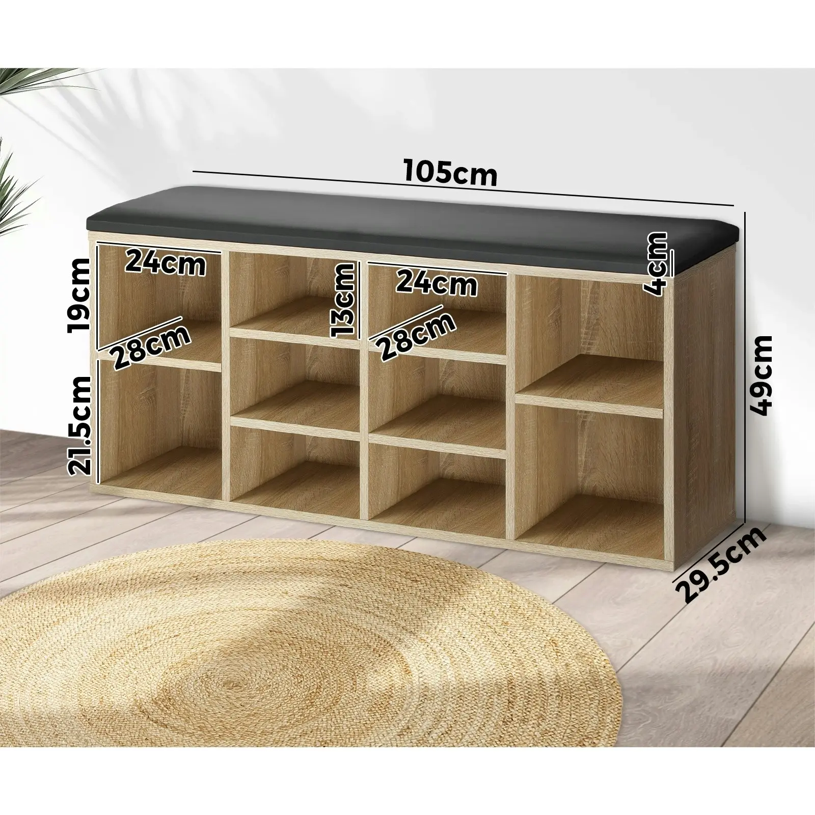 Oikiture Shoe Cabinet Bench Shoe Storage Rack PU Padded Seat Organiser Cupboard Wood&Black