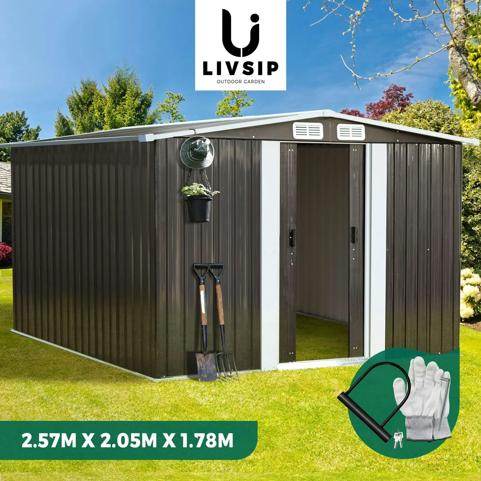 Livsip Garden Shed Outdoor Storage Sheds 2.57x2.05M Workshop Cabin Metal House