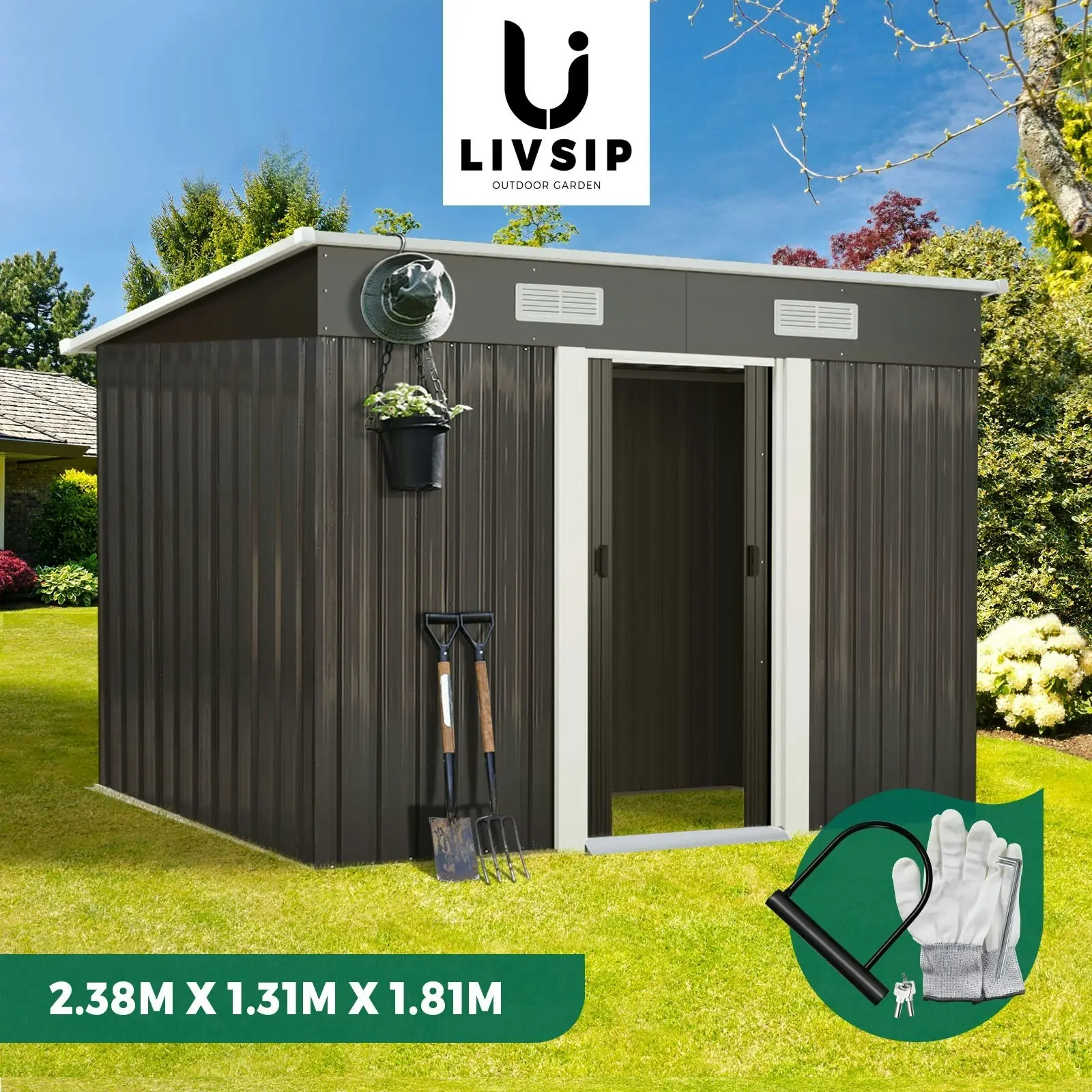 Livsip Garden Shed Outdoor Storage Sheds 2.38x1.31M Workshop Cabin Metal House