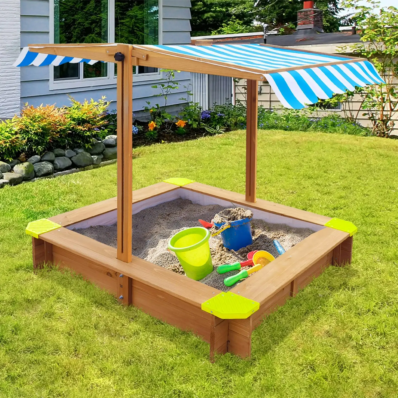 Mazam Kids Sandpit Wooden Sandbox Outdoor Toys Beach Play Box Children Adjustable Canopy