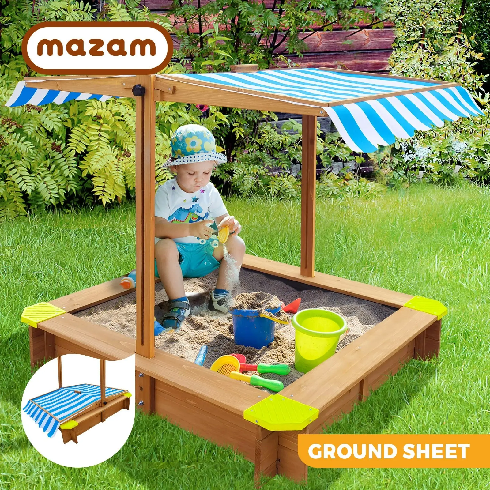 Mazam Kids Sandpit Wooden Sandbox Outdoor Toys Beach Play Box Children Adjustable Canopy