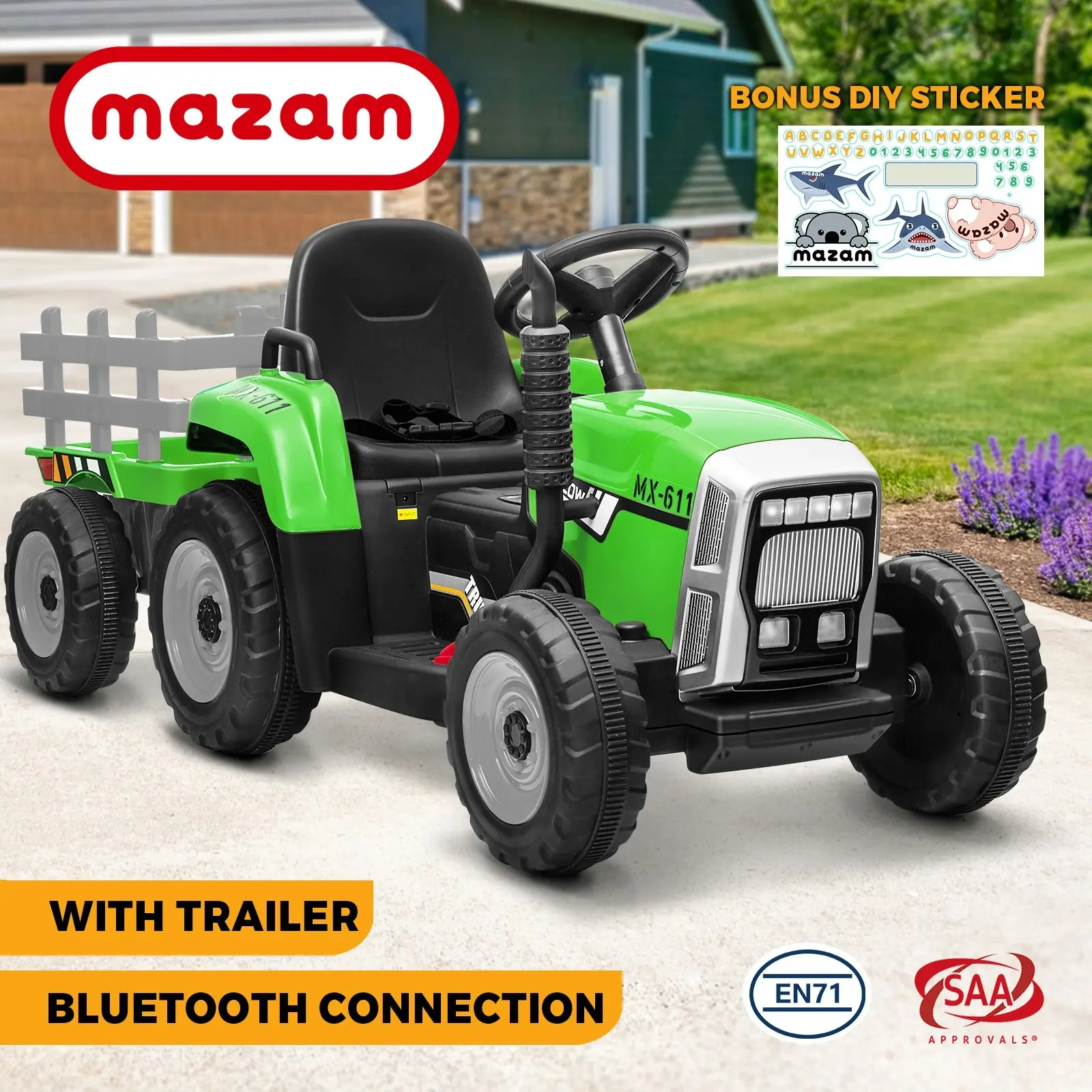 Mazam Ride On Tractor 12V Kids Electric Vehicle Toy Cars W/ Trailer Child Gift