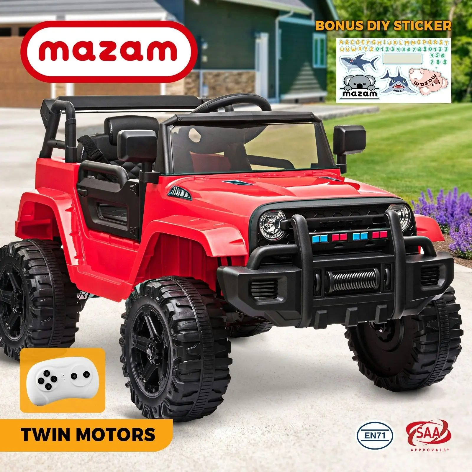 Mazam Ride On Car 12V Electric Jeep Toy Remote Cars Kids Gift MP3 LED lights Red