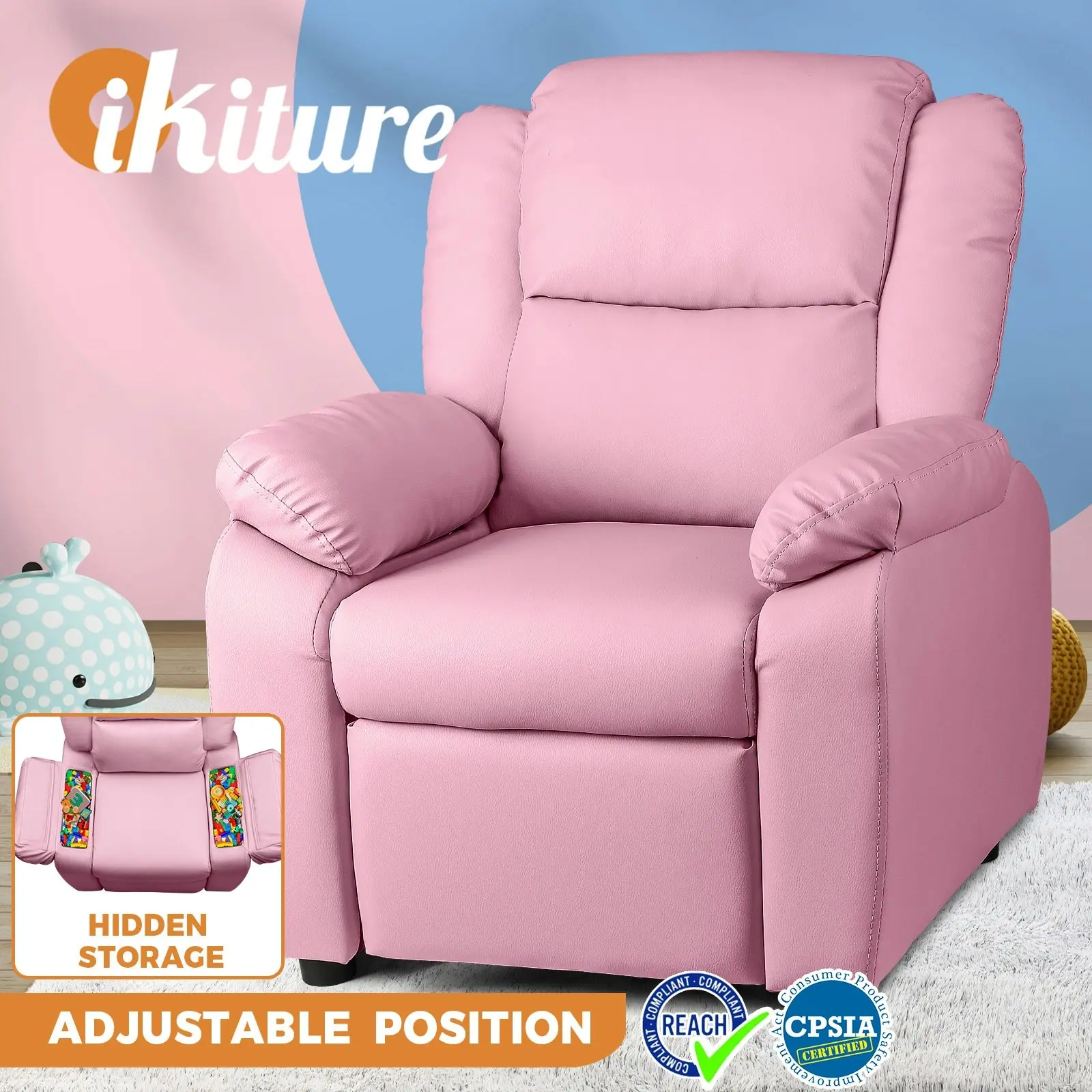 Oikiture Kids Recliner Chairs Children Lounge Sofa PU Armchair w/ Hidden Storage