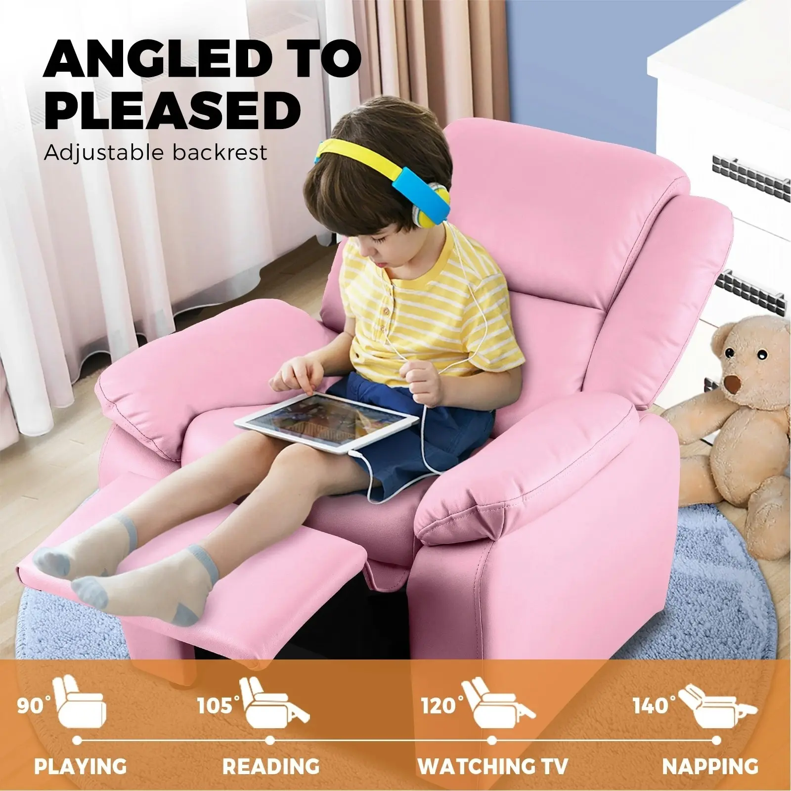 Oikiture Kids Recliner Chairs Children Lounge Sofa PU Armchair w/ Hidden Storage