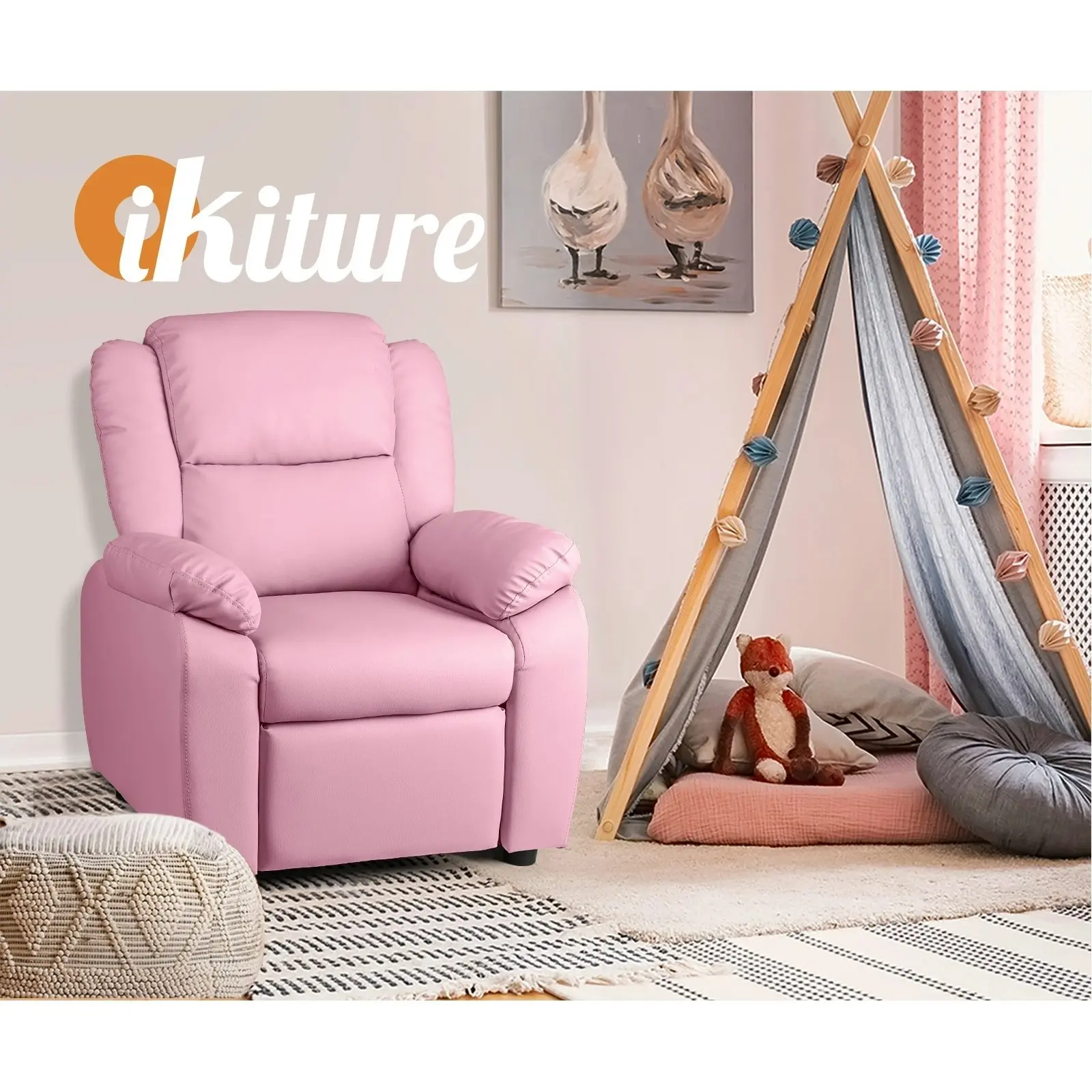 Oikiture Kids Recliner Chairs Children Lounge Sofa PU Armchair w/ Hidden Storage