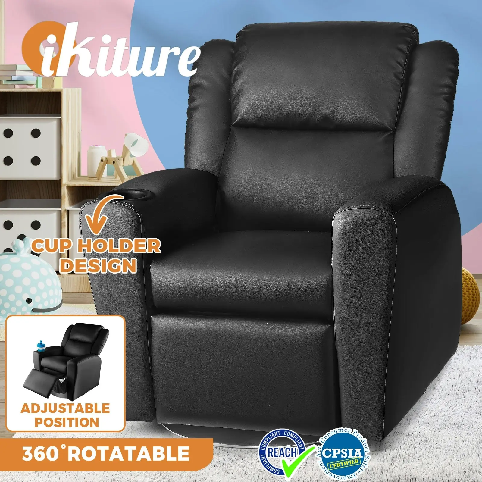 Oikiture Kids Recliner Chairs Rotatable Sofa Children Lounge PU Couch Armchair