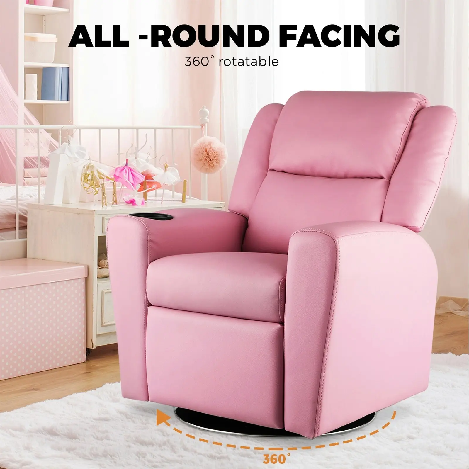 Oikiture Kids Recliner Sofa Children Lounge Chairs PU Armchair 360闂傚倸鍊搁幊搴∥涘鍛剨?Rotatable