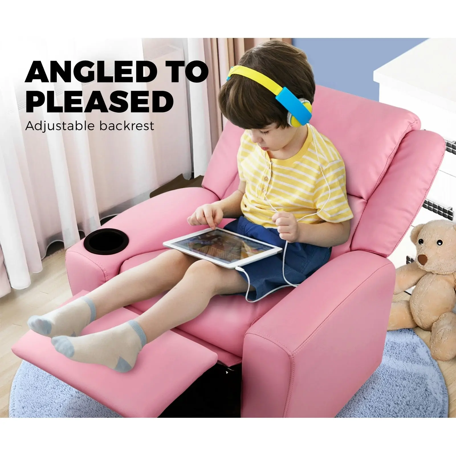 Oikiture Kids Recliner Sofa Children Lounge Chairs PU Armchair 360闂傚倸鍊搁幊搴∥涘鍛剨?Rotatable