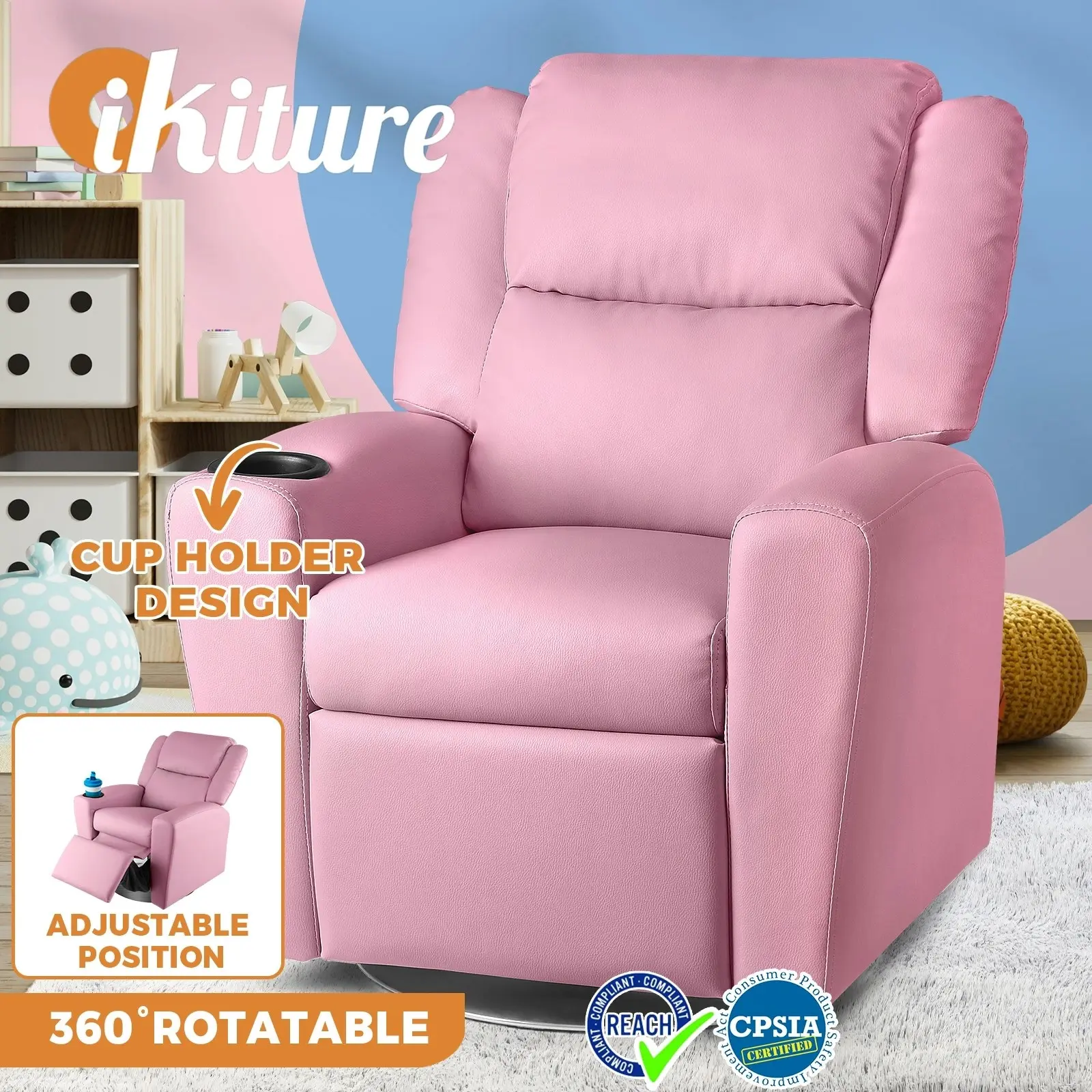 Oikiture Kids Recliner Sofa Children Lounge Chairs PU Armchair 360闂傚倸鍊搁幊搴∥涘鍛剨?Rotatable