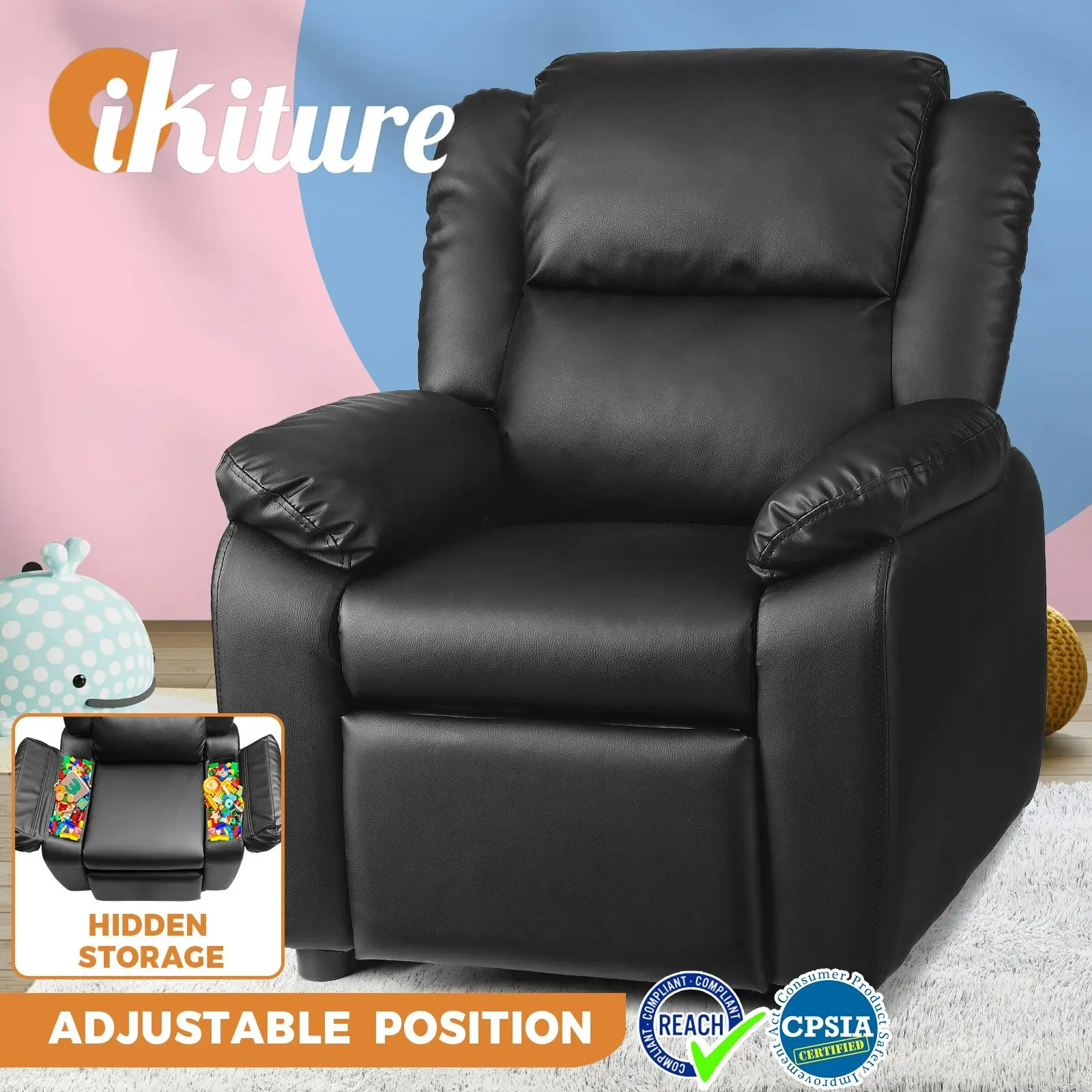 Oikiture Kids Recliner Sofa Children Lounge Chairs PU Couch Armchair w/ Storage