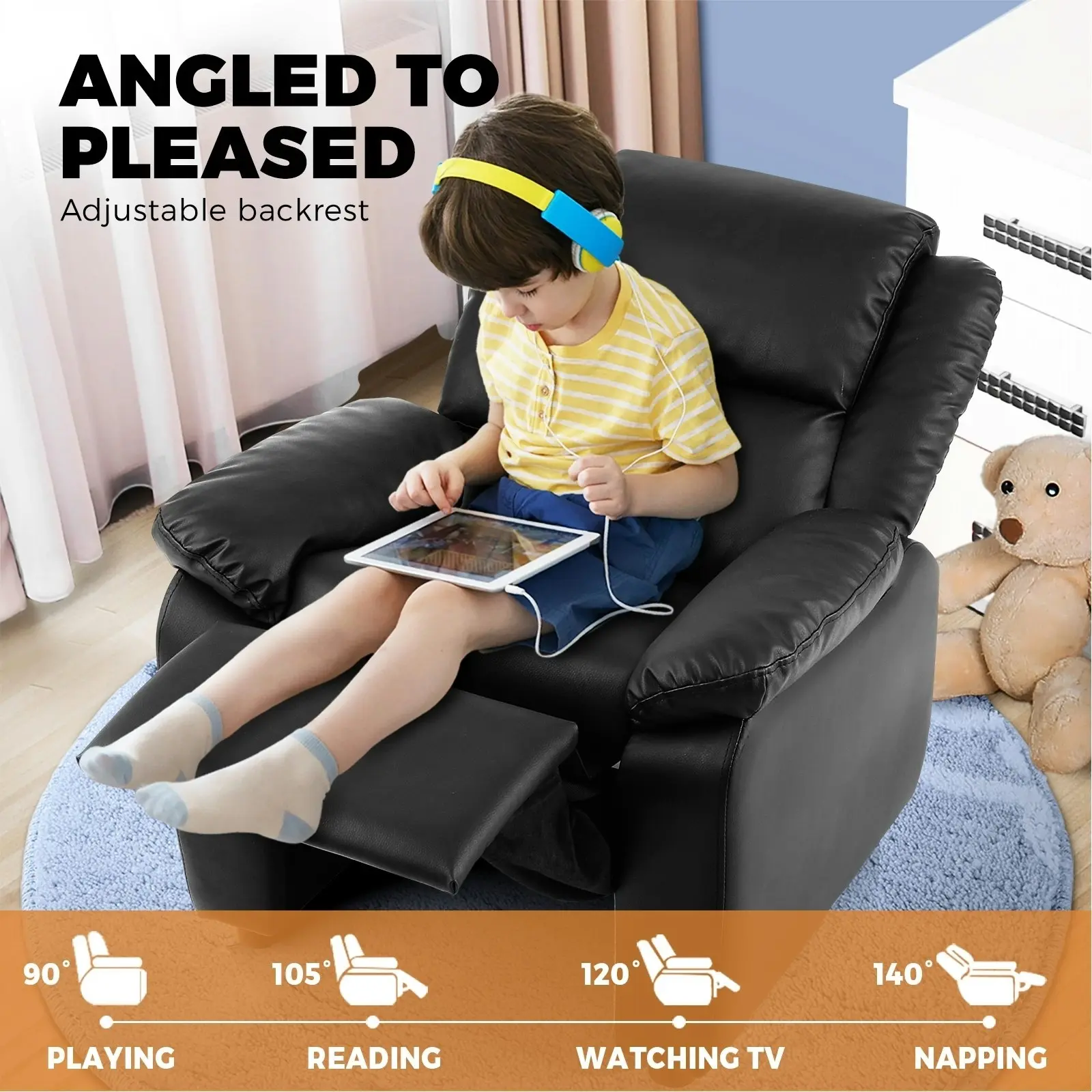 Oikiture Kids Recliner Sofa Children Lounge Chairs PU Couch Armchair w/ Storage