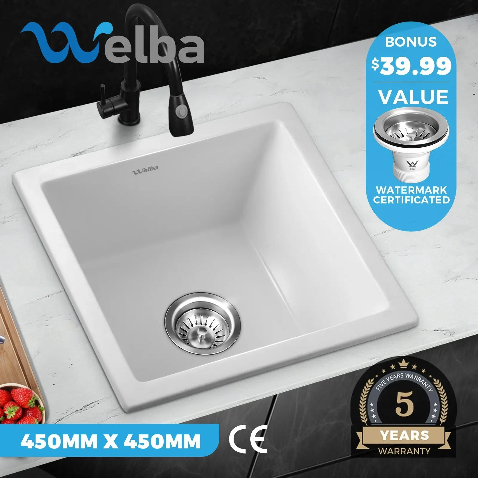 Welba Kitchen Sink Granite Stone Sink Laundry Basin Single Bowl 45cmx45cm White