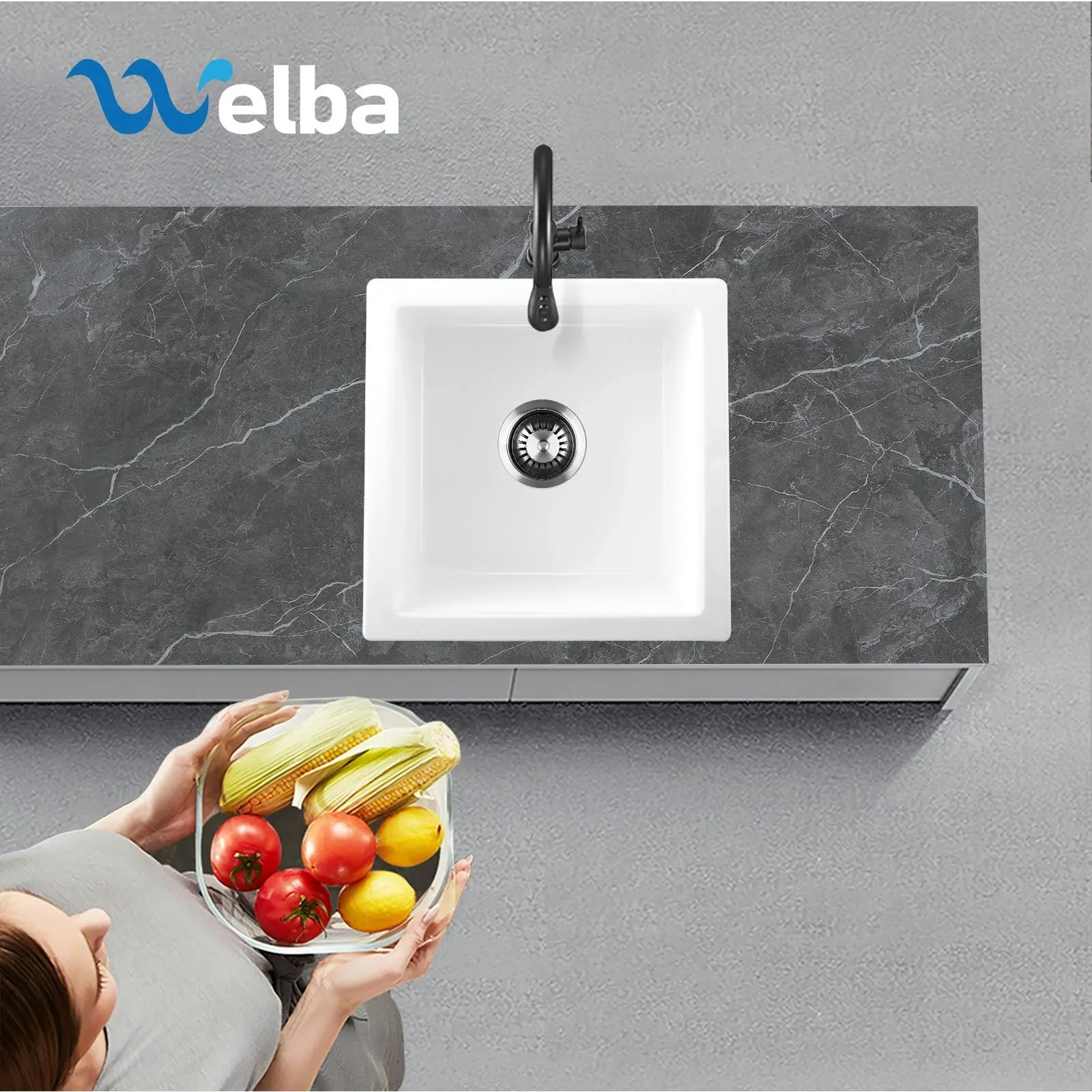 Welba Kitchen Sink Granite Stone Sink Laundry Basin Single Bowl 45cmx45cm White