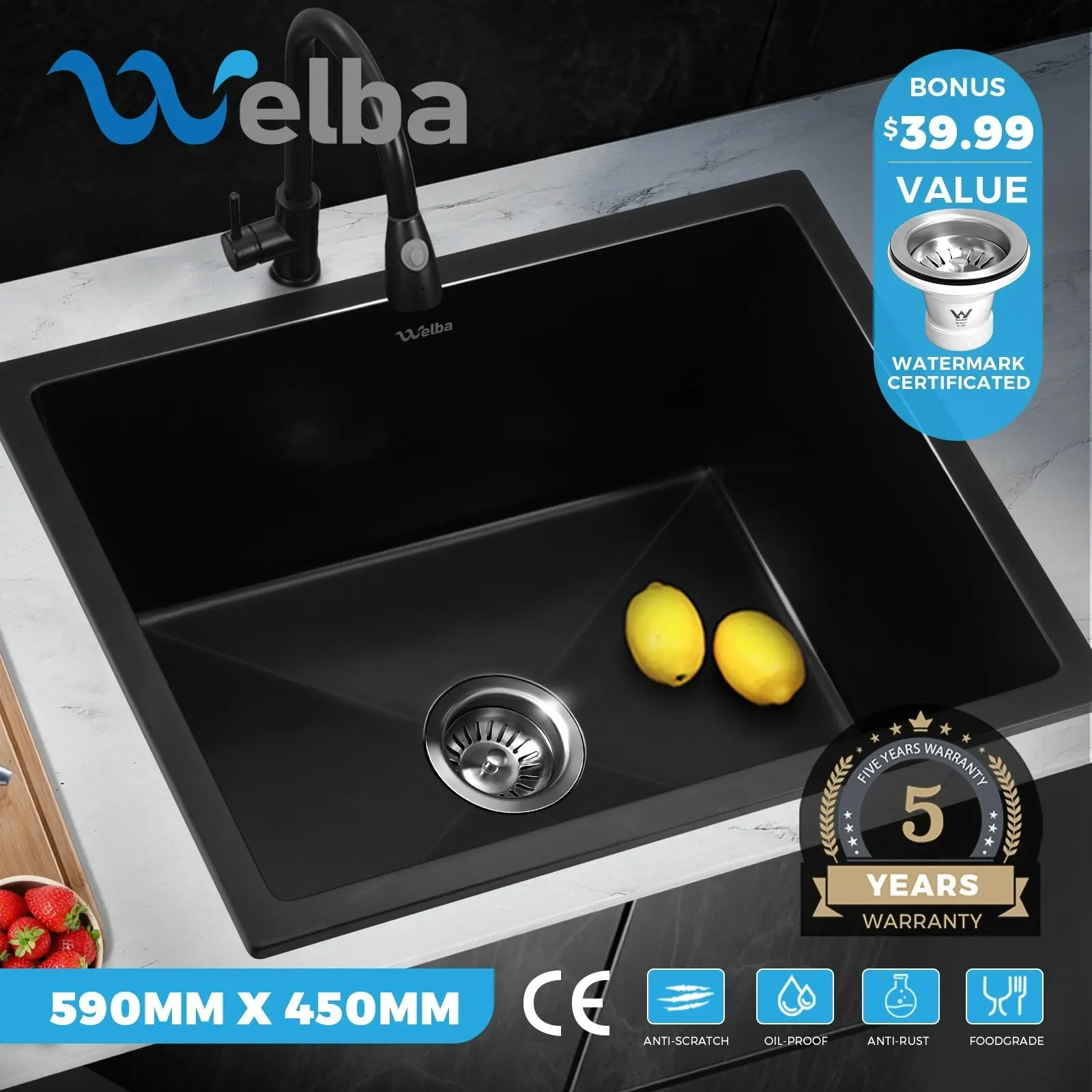 Welba Kitchen Sink Basin Granite Stone Bathroom Laundry Single Bowl 590mmx450mm