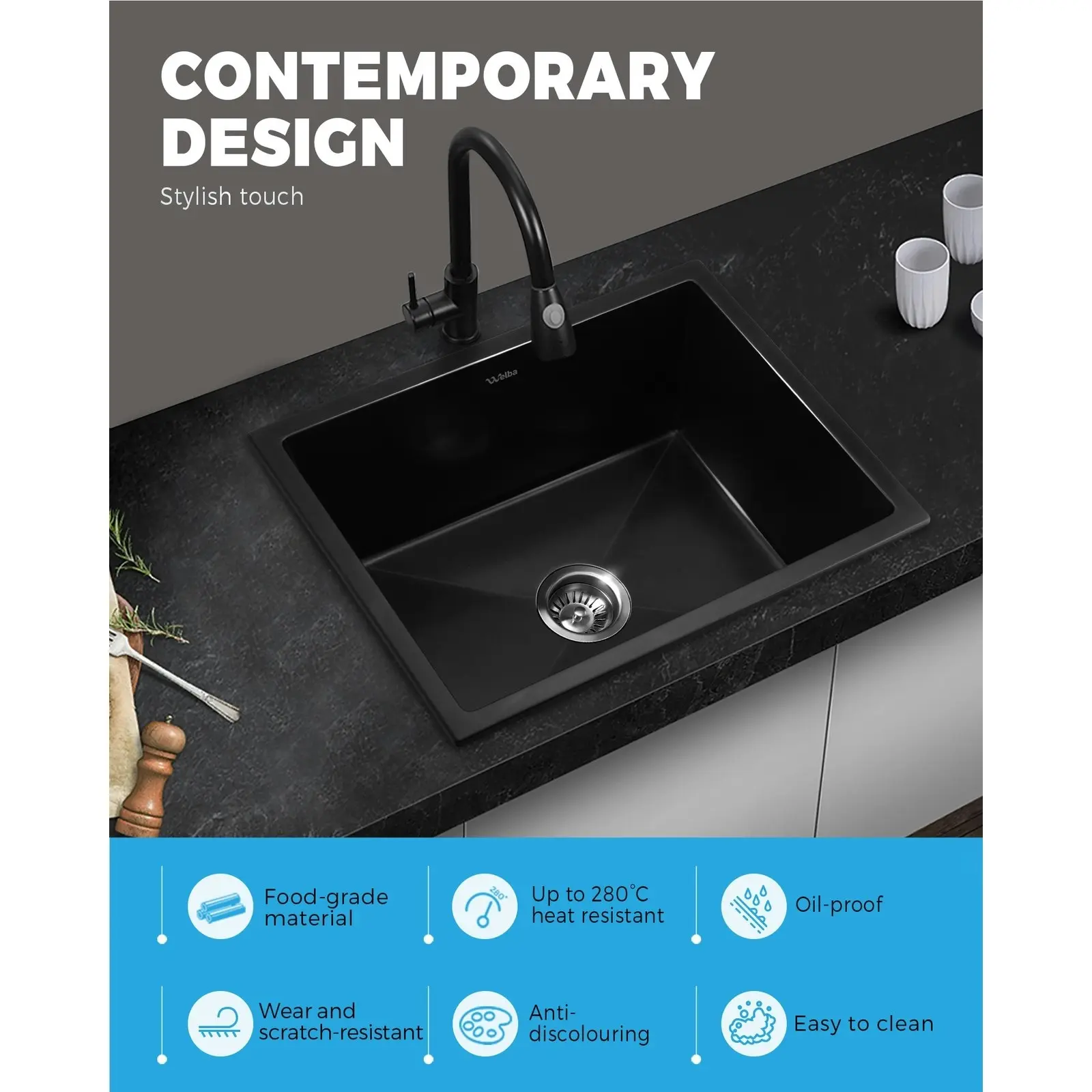 Welba Kitchen Sink Basin Granite Stone Bathroom Laundry Single Bowl 590mmx450mm