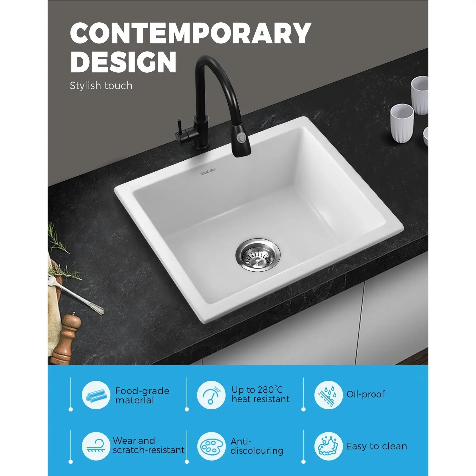 Welba Kitchen Sink Basin Granite Sink Bathroom Laundry Single Bowl 590mmx450mm W