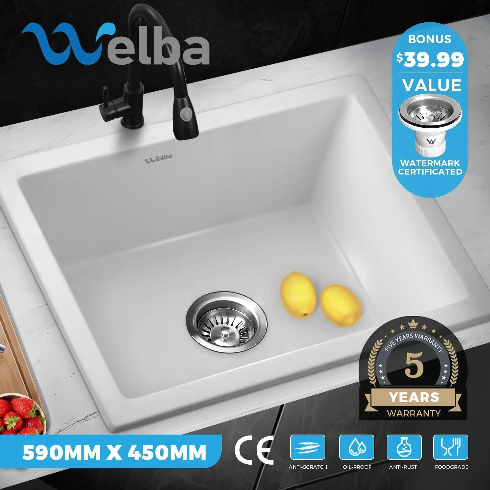 Welba Kitchen Sink Basin Granite Sink Bathroom Laundry Single Bowl 590mmx450mm W