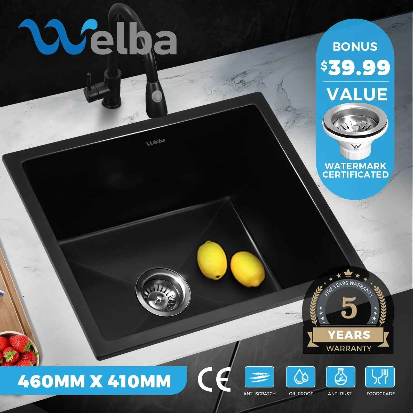 Welba Kitchen Sink Basin Granite Stone Sink Bath Laundry Single Bowl 460x410mm