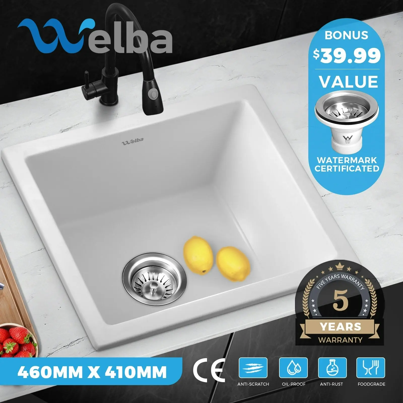 Welba Kitchen Sink Granite Stone Laundry Basin Under/Top Single Bowl 460x410mm