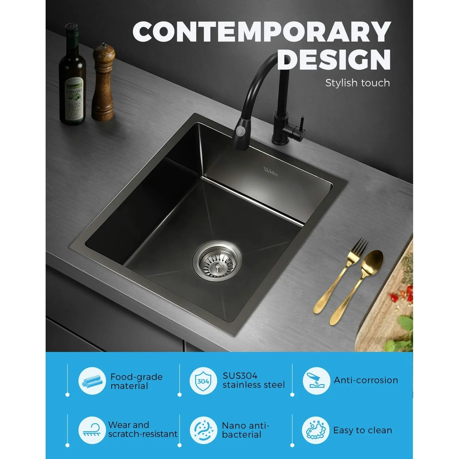 Welba Kitchen Sink Basin Stainless Steel Bathroom Single Nano 44X38CM