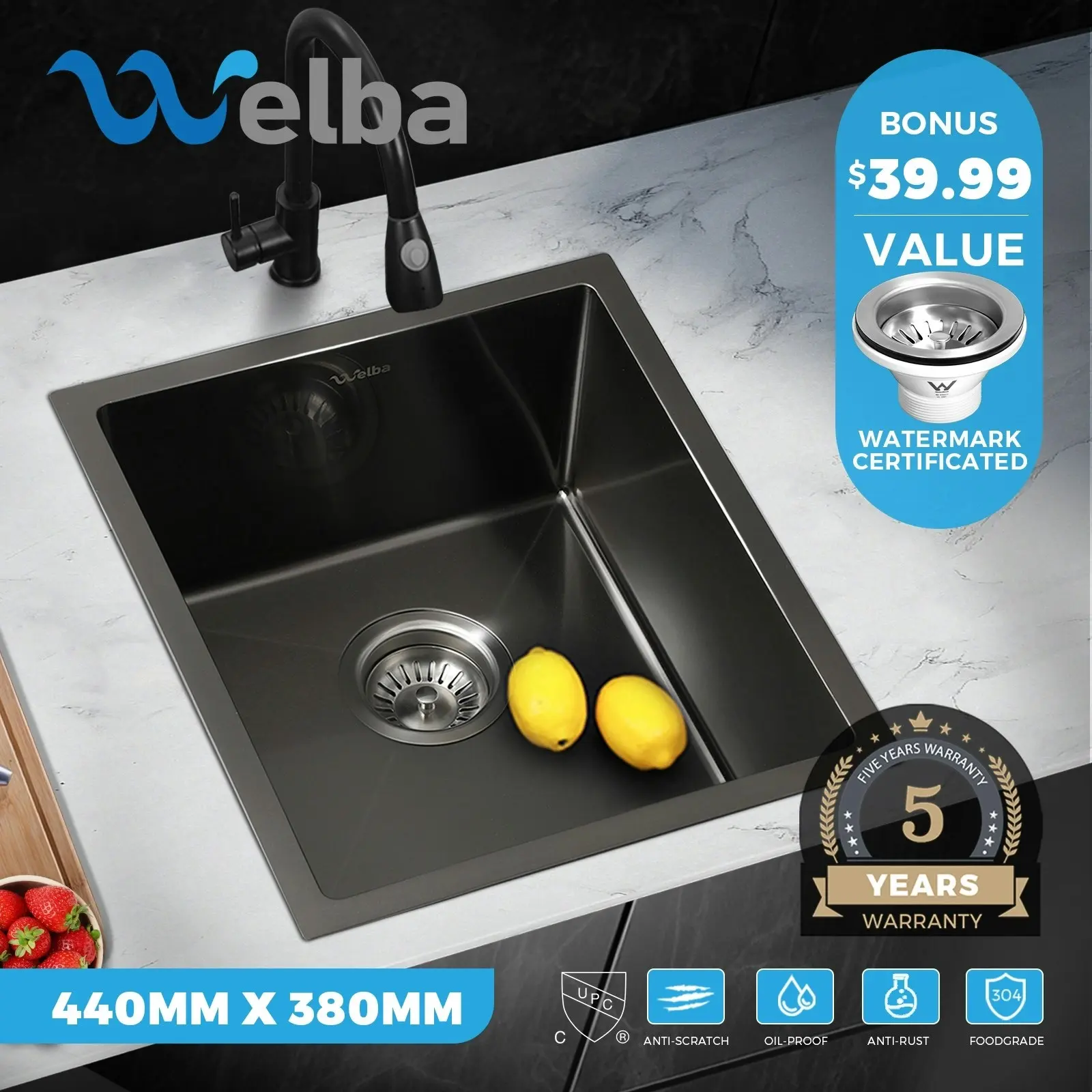 Welba Kitchen Sink Basin Stainless Steel Bathroom Single Nano 44X38CM