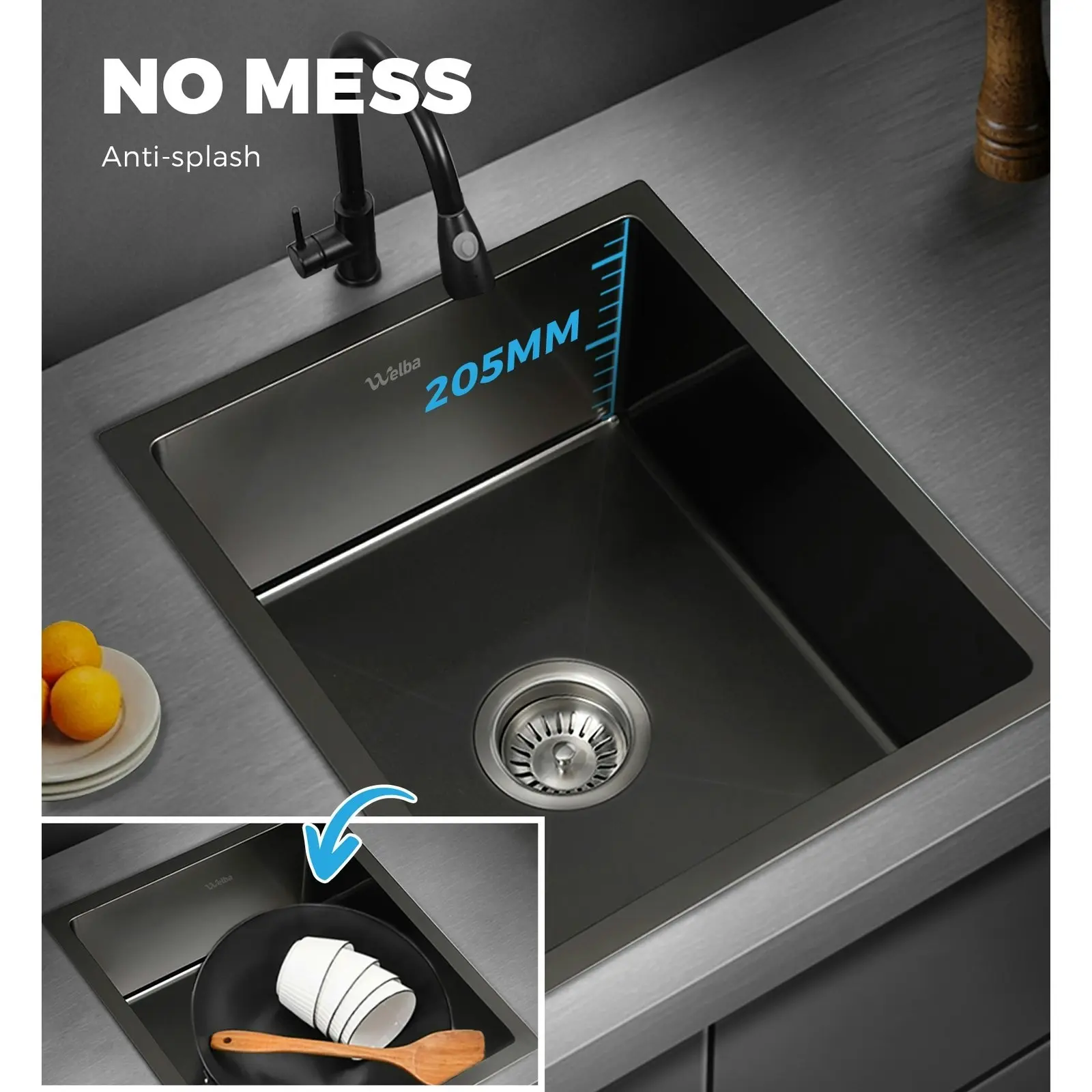 Welba Kitchen Sink Basin Stainless Steel Bathroom Single Nano 44X38CM