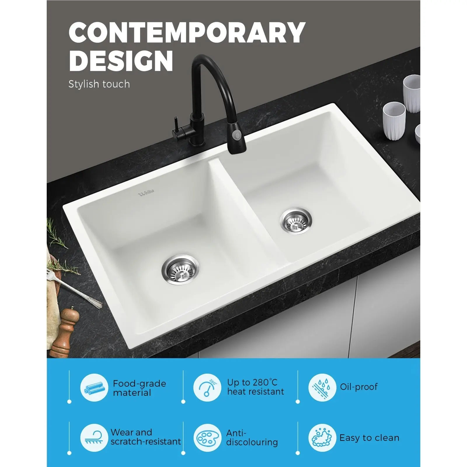 Welba Kitchen Sink Granite Stone Basin Bathroom Laundry Double Bowl 770mmx450mm