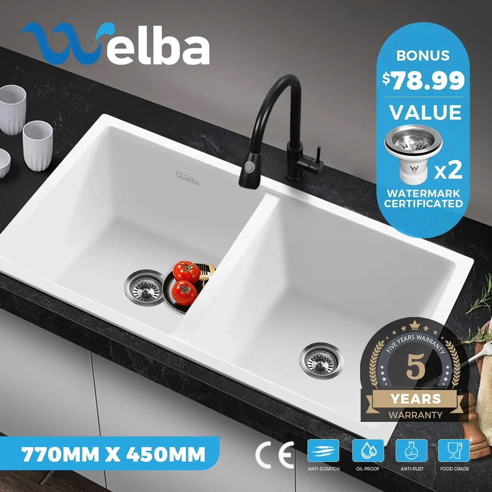 Welba Kitchen Sink Granite Stone Basin Bathroom Laundry Double Bowl 770mmx450mm