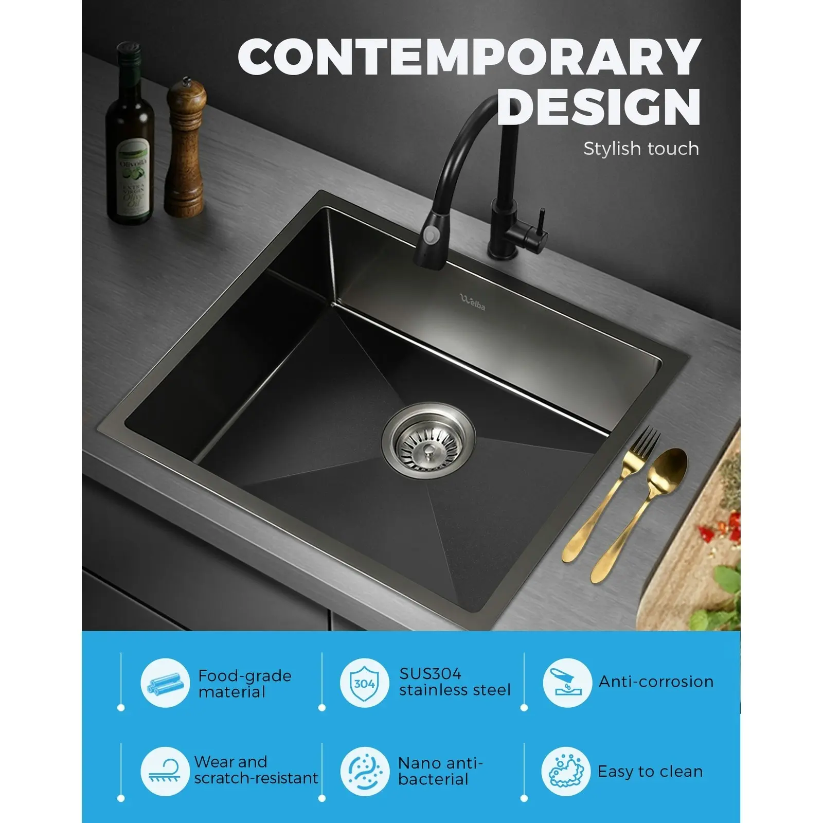 Welba Kitchen Sink Basin Stainless Steel Bathroom Single Nano 580X440MM