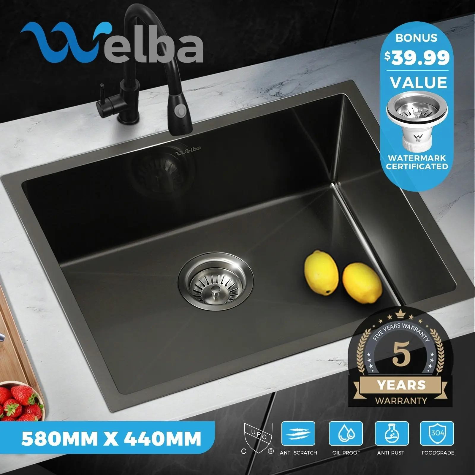 Welba Kitchen Sink Basin Stainless Steel Bathroom Single Nano 580X440MM