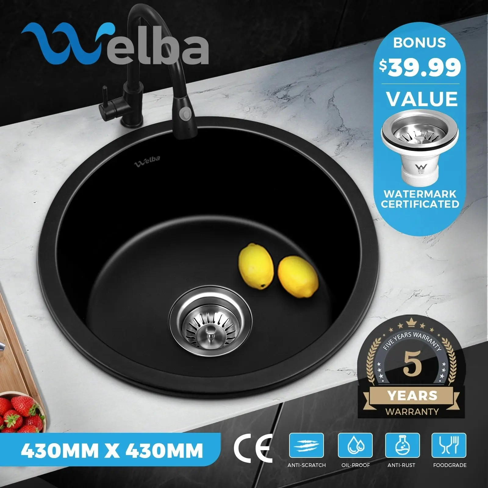 Welba Kitchen Sink Basin Granite Stone Bathroom Laundry Single Bowl 430x430mm