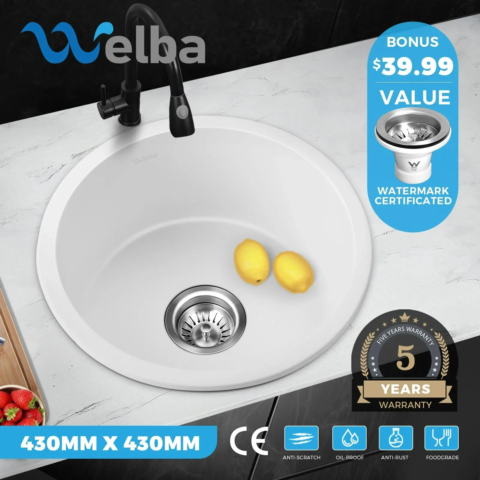 Welba Kitchen Sink Basin Granite Stone Bathroom Laundry Single Bowl 430x430mm W