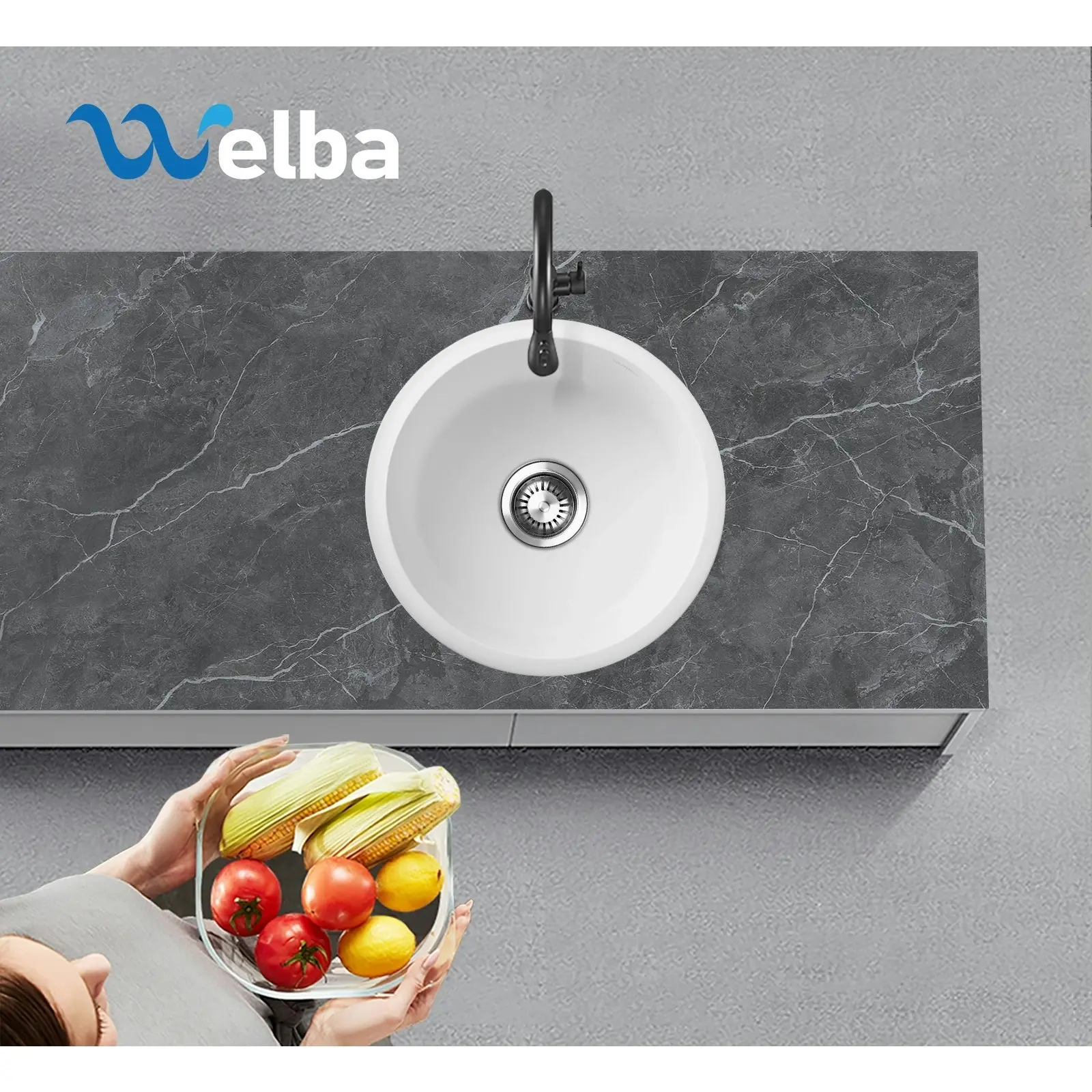 Welba Kitchen Sink Basin Granite Stone Bathroom Laundry Single Bowl 430x430mm W