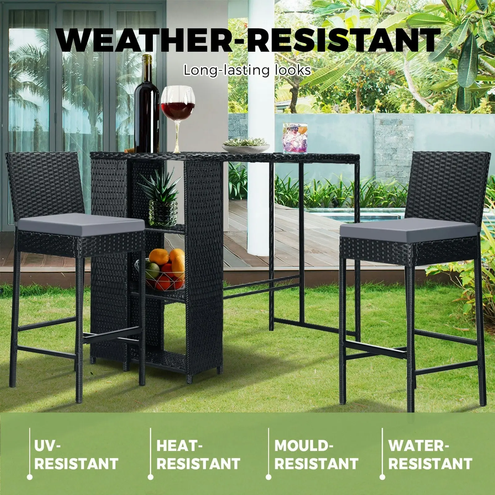 Livsip Outdoor Bar Table Dining Chairs Stools Set Rattan Patio Furniture 3 Piece