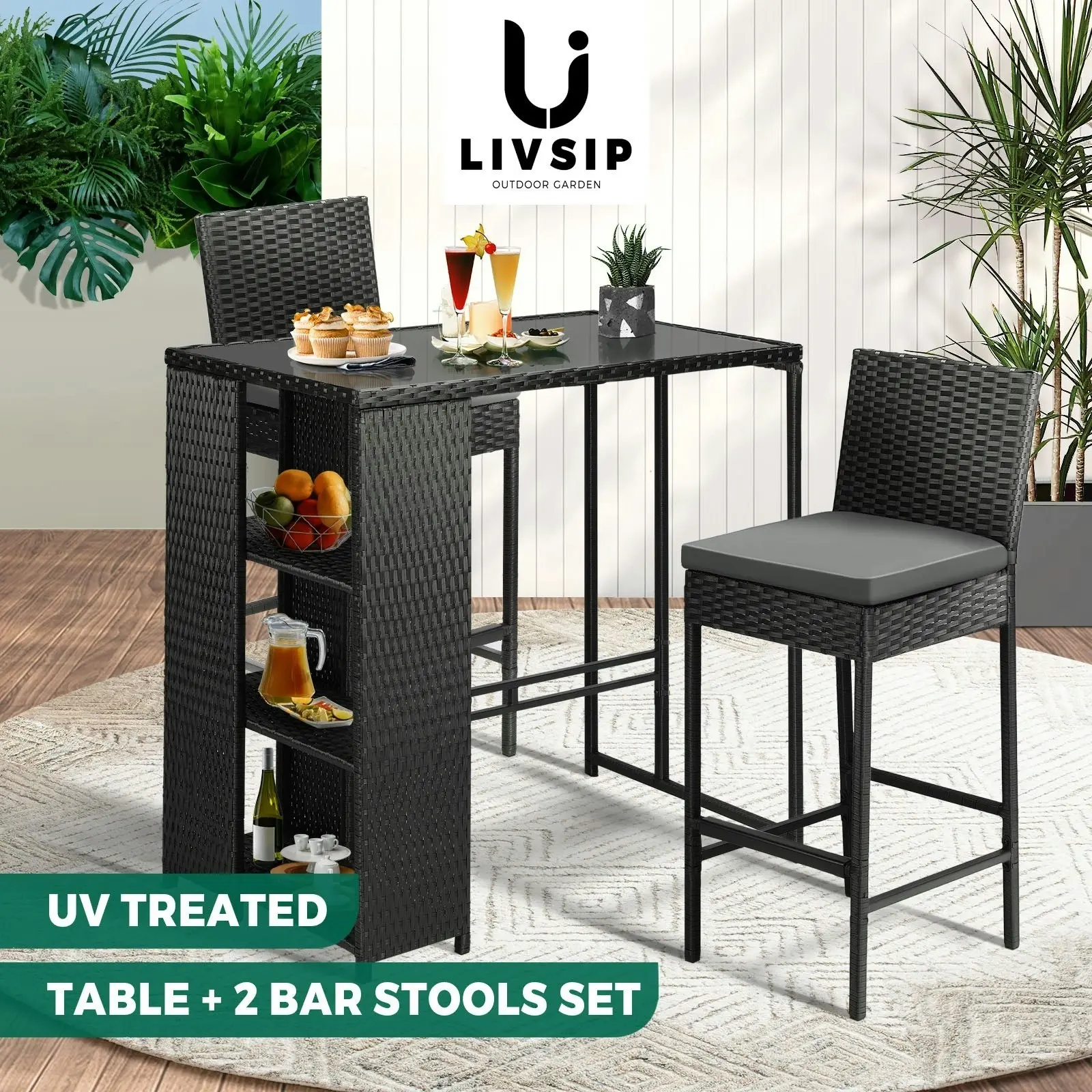 Livsip Outdoor Bar Table Dining Chairs Stools Set Rattan Patio Furniture 3 Piece